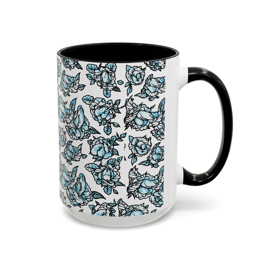 Blue Pen 15 Floral Accent Coffee Mug (11/15oz) — Patterned Rose Tea Cup with Black Handle