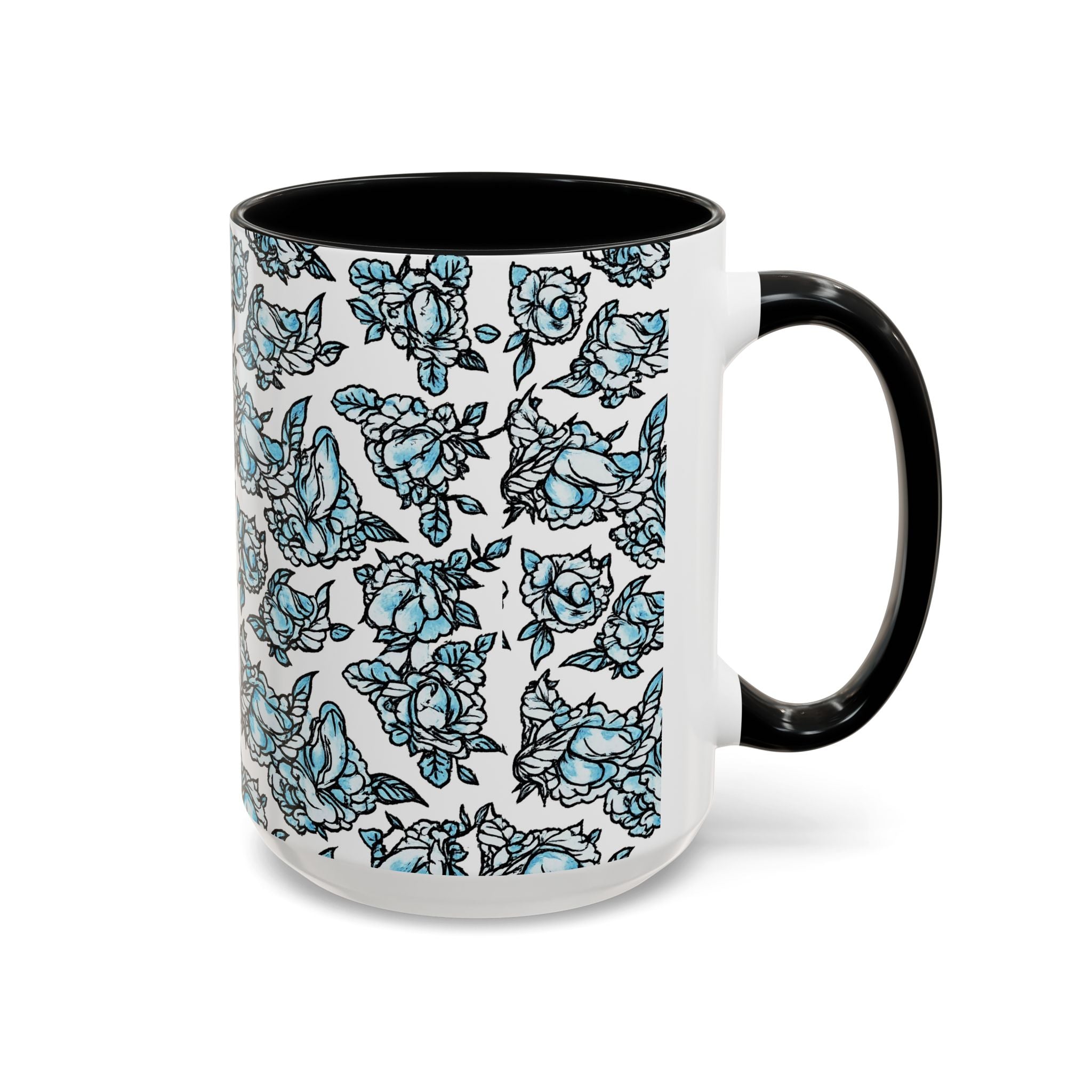 Blue Pen 15 Floral Accent Coffee Mug (11/15oz) — Patterned Rose Tea Cup with Black Handle