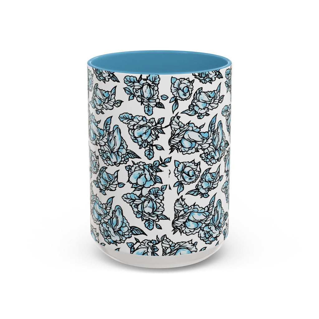 Blue Pen 15 Floral Accent Coffee Mug (11/15oz) — Patterned Rose Tea Cup with Black Handle