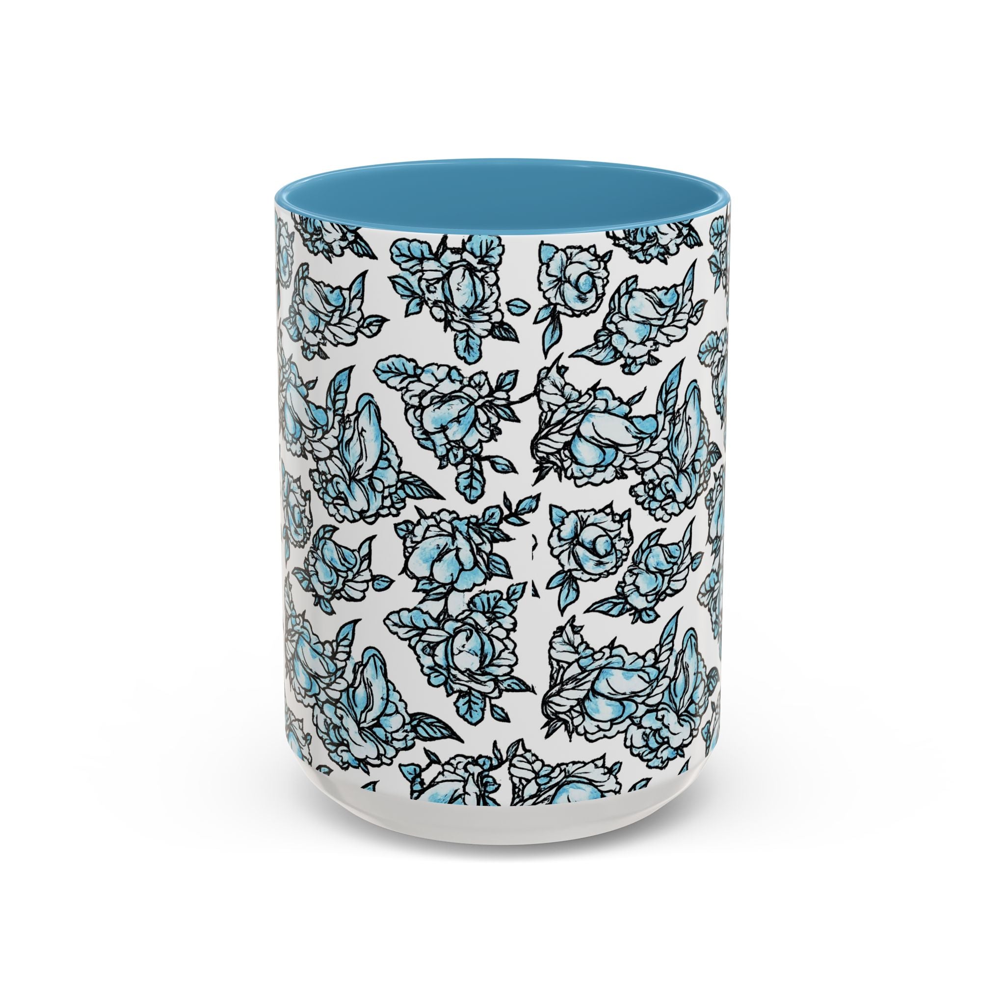 Blue Pen 15 Floral Accent Coffee Mug (11/15oz) — Patterned Rose Tea Cup with Black Handle