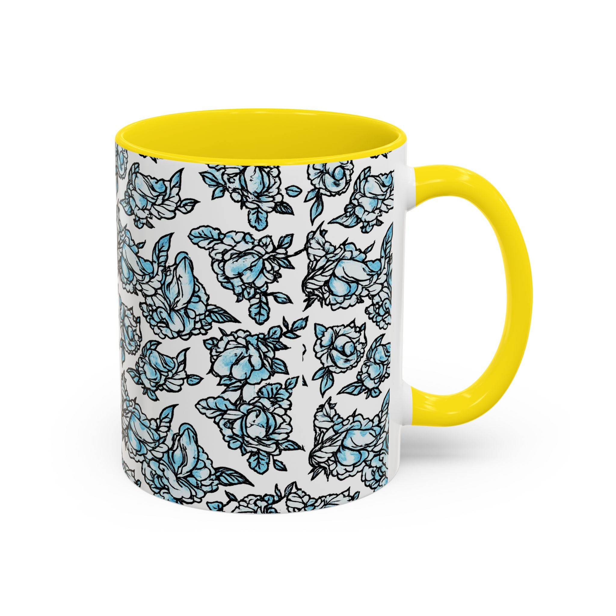 Blue Pen 15 Floral Accent Coffee Mug (11/15oz) — Patterned Rose Tea Cup with Black Handle