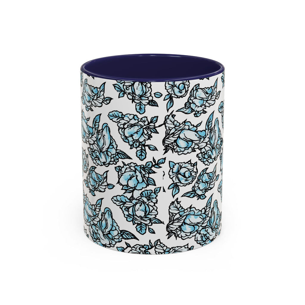 Blue Pen 15 Floral Accent Coffee Mug (11/15oz) — Patterned Rose Tea Cup with Black Handle