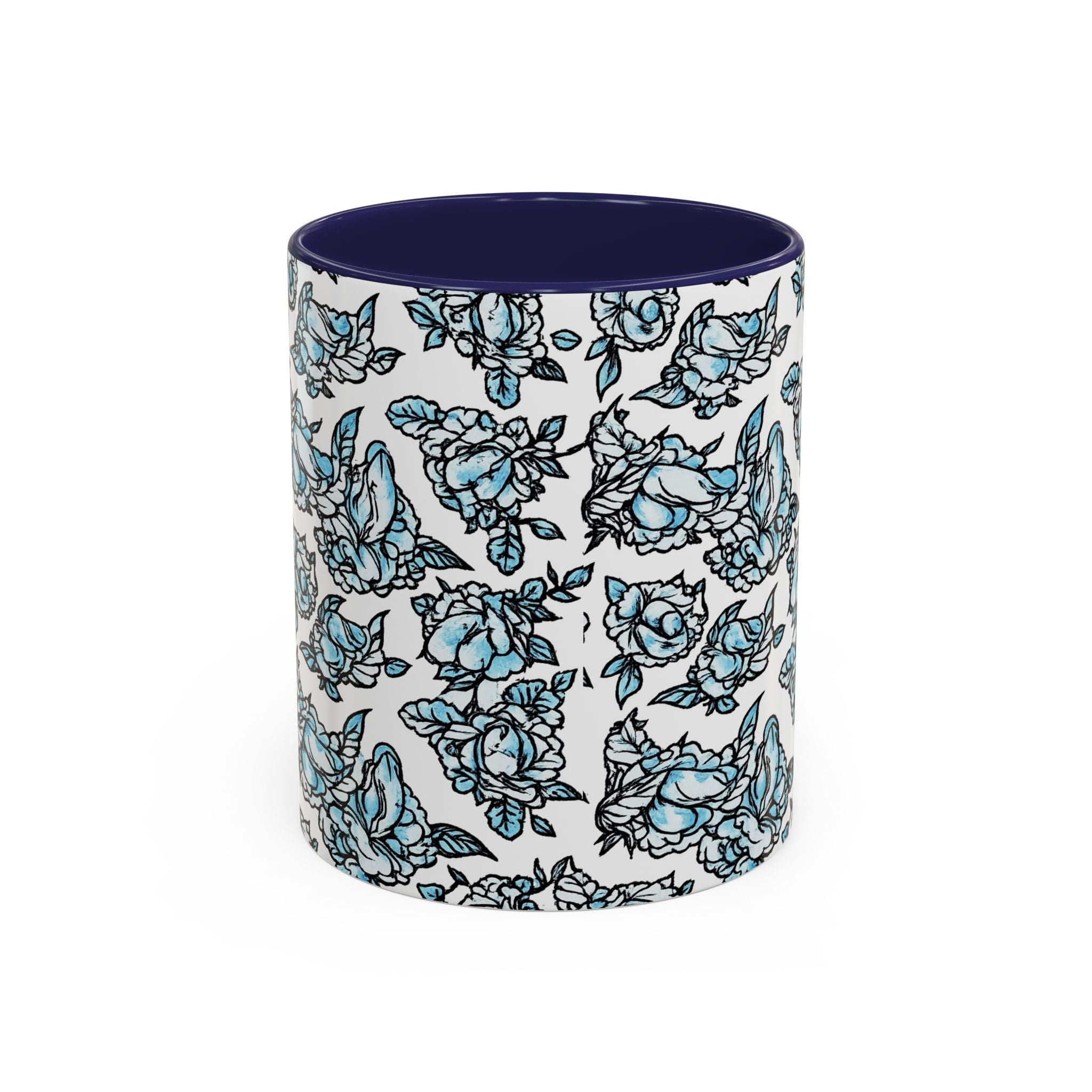 Blue Pen 15 Floral Accent Coffee Mug (11/15oz) — Patterned Rose Tea Cup with Black Handle