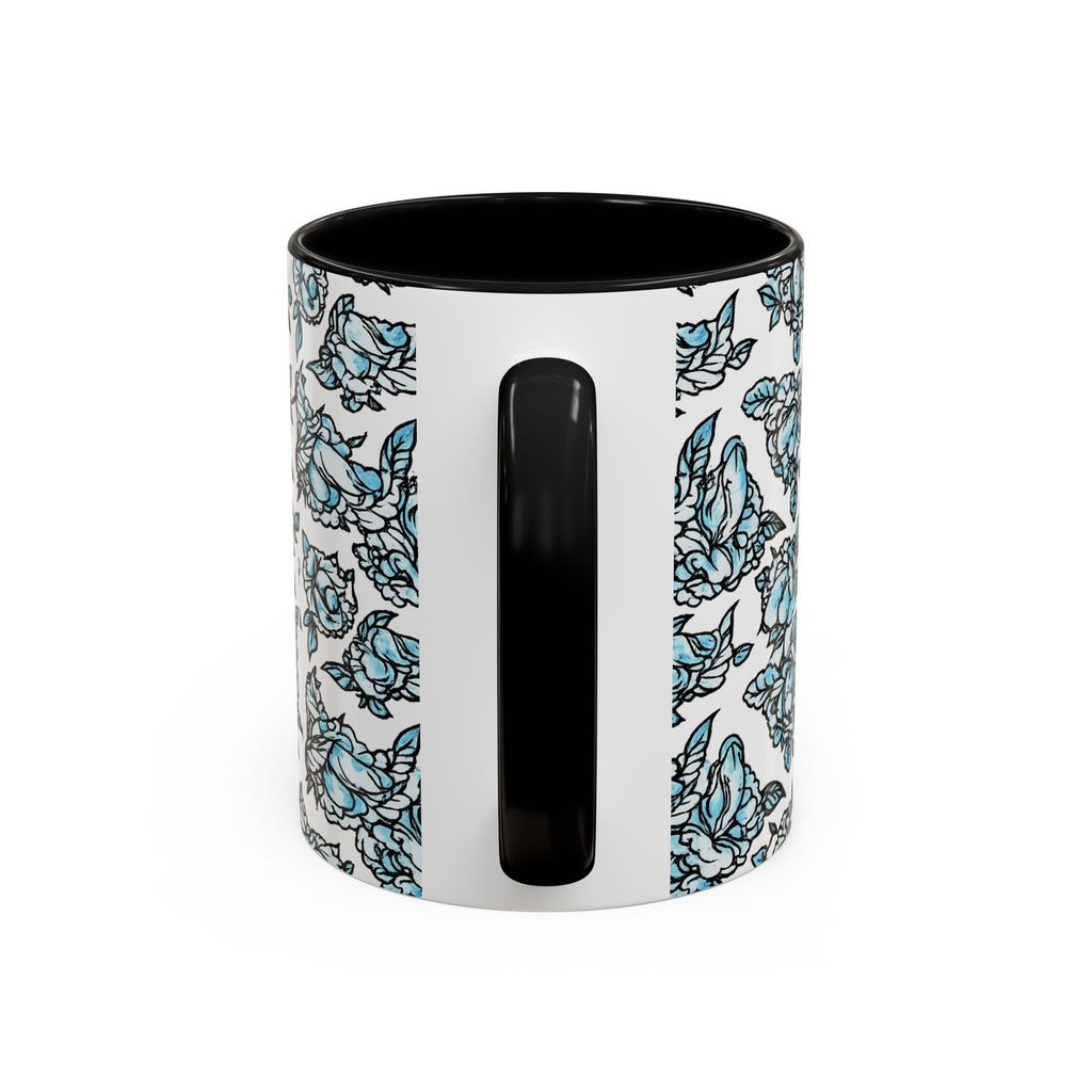 Blue Pen 15 Floral Accent Coffee Mug (11/15oz) — Patterned Rose Tea Cup with Black Handle