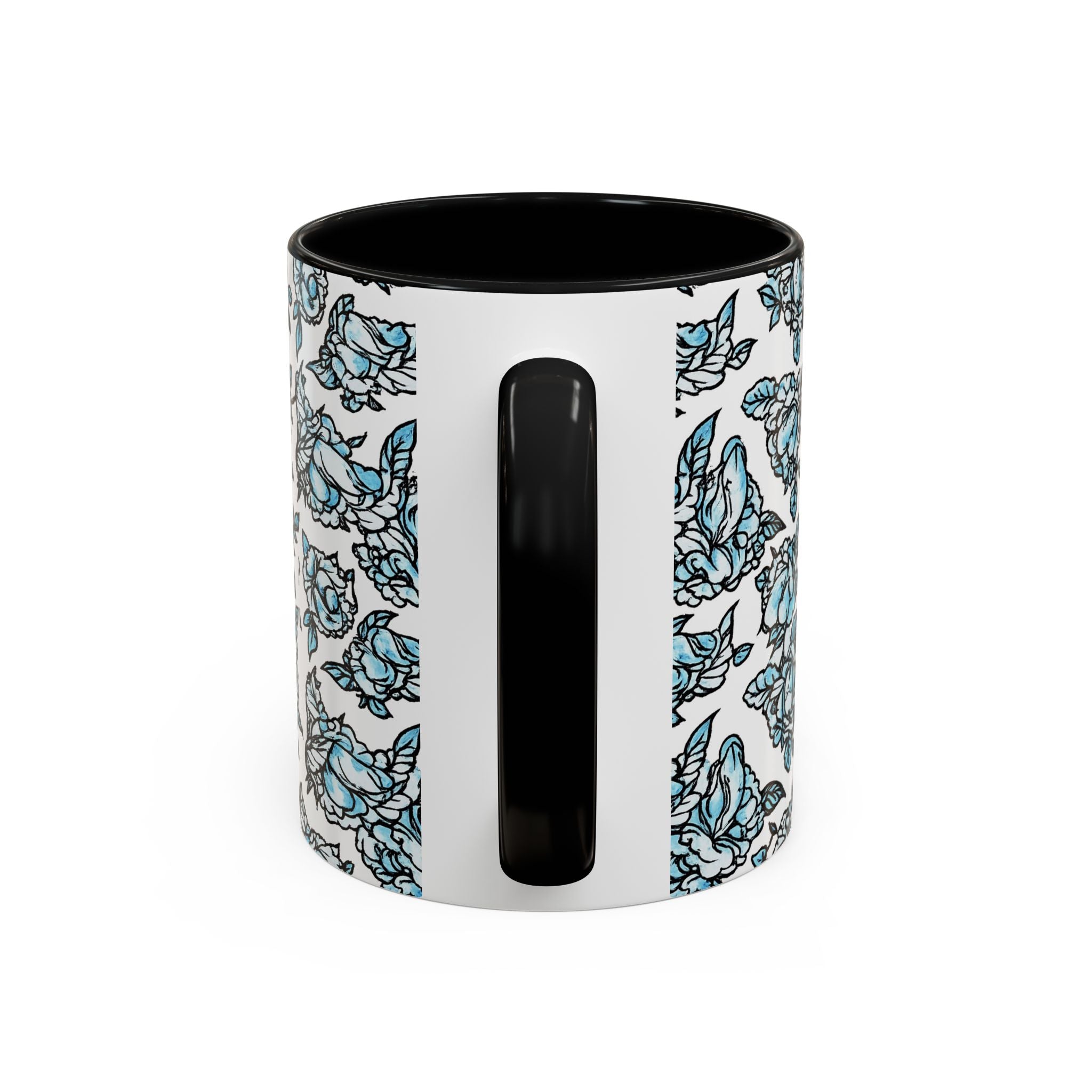 Blue Pen 15 Floral Accent Coffee Mug (11/15oz) — Patterned Rose Tea Cup with Black Handle