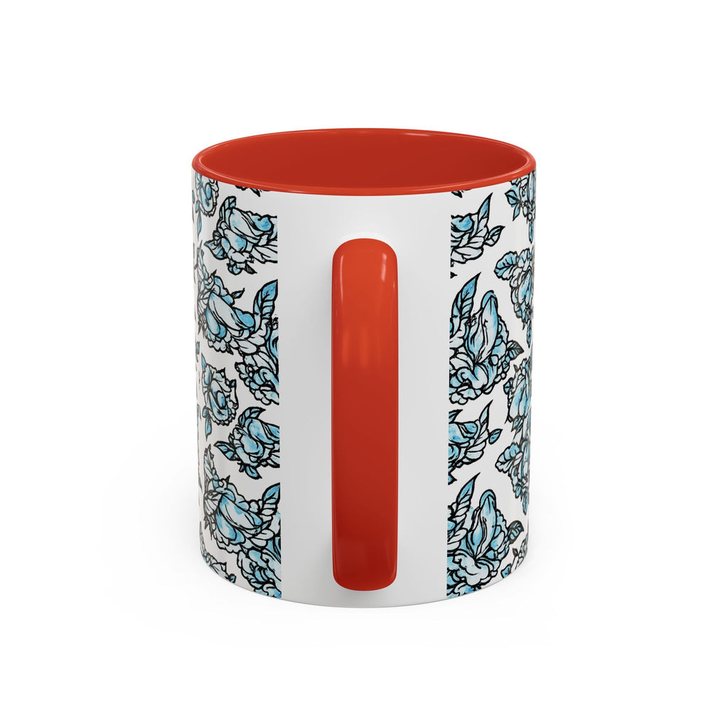 Blue Pen 15 Floral Accent Coffee Mug (11/15oz) — Patterned Rose Tea Cup with Black Handle