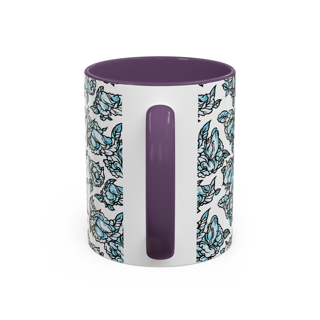 Blue Pen 15 Floral Accent Coffee Mug (11/15oz) — Patterned Rose Tea Cup with Black Handle