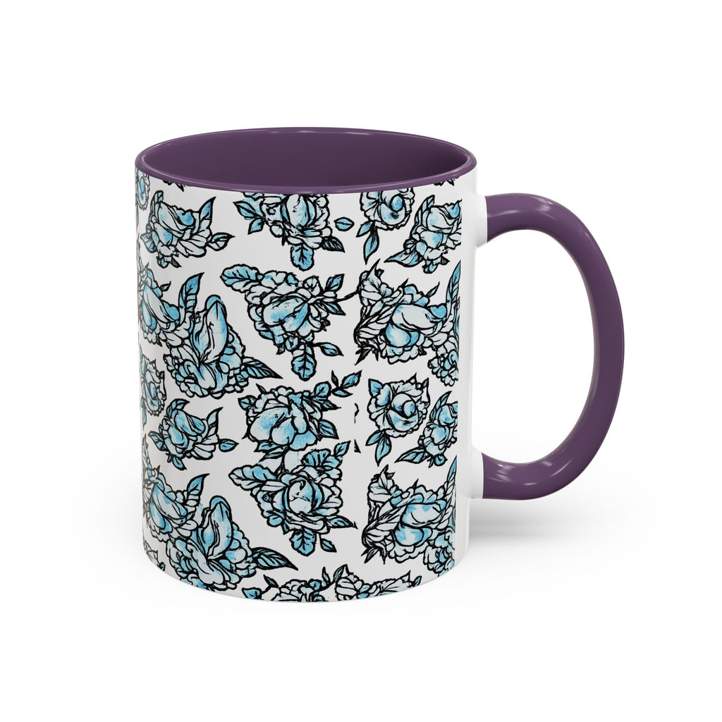 Blue Pen 15 Floral Accent Coffee Mug (11/15oz) — Patterned Rose Tea Cup with Black Handle