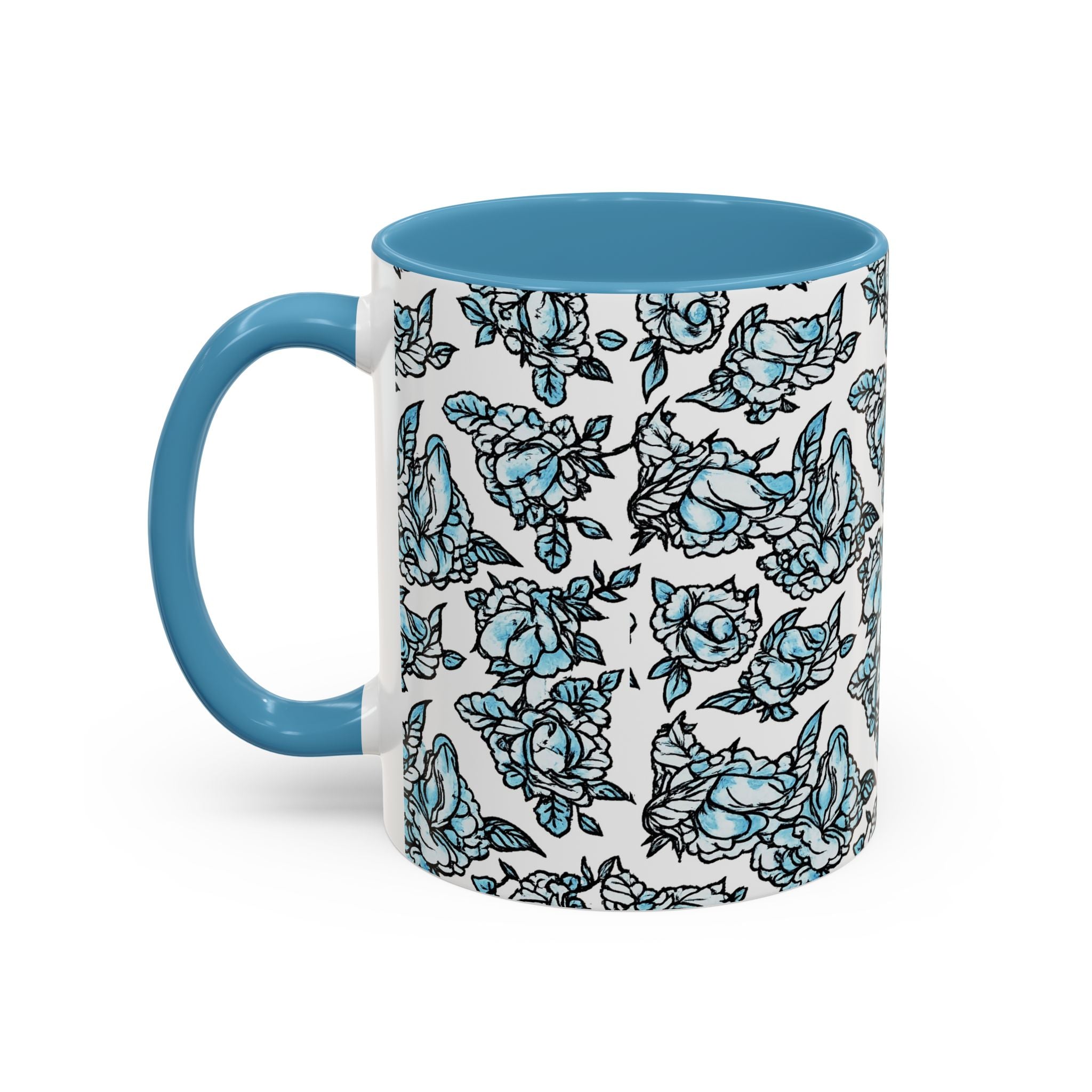 Blue Pen 15 Floral Accent Coffee Mug (11/15oz) — Patterned Rose Tea Cup with Black Handle