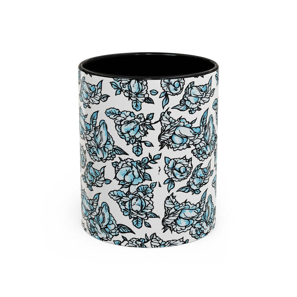 Blue Pen 15 Floral Accent Coffee Mug (11/15oz) — Patterned Rose Tea Cup with Black Handle