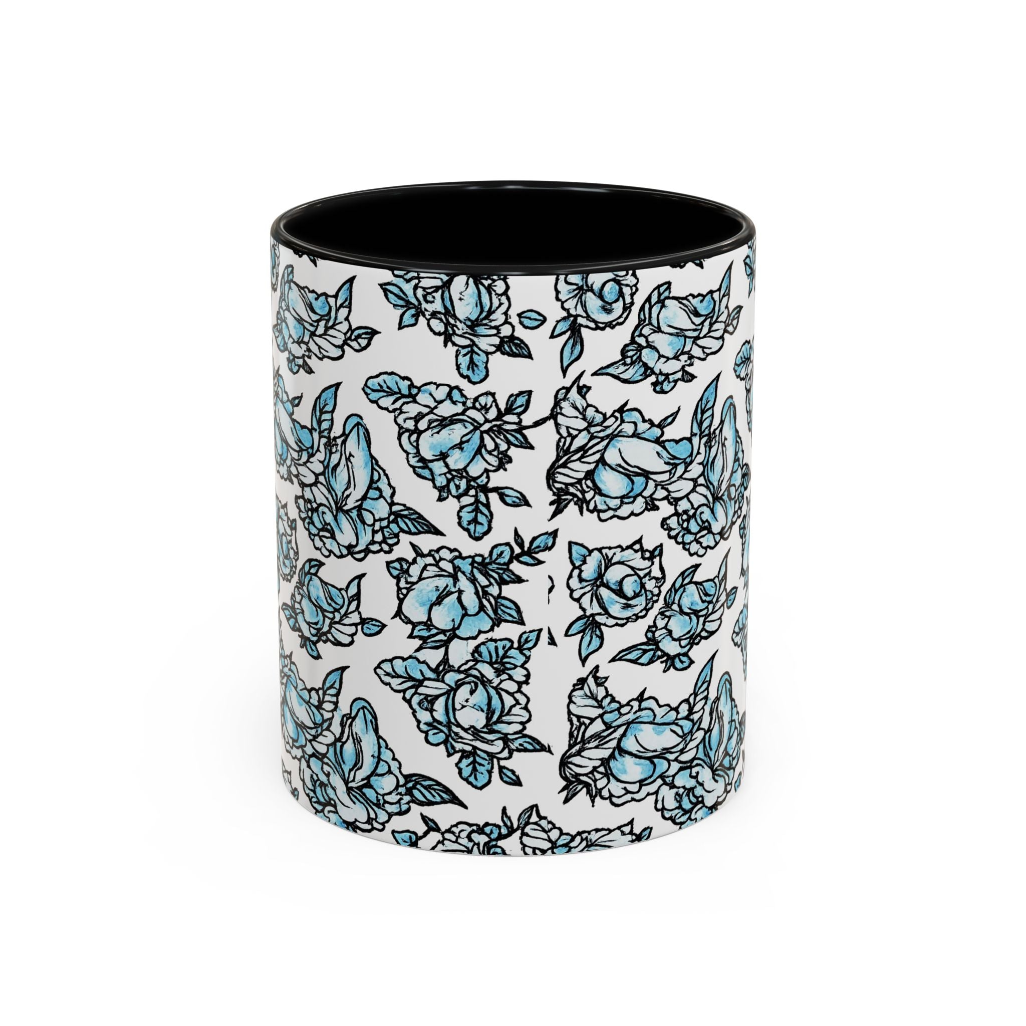 Blue Pen 15 Floral Accent Coffee Mug (11/15oz) — Patterned Rose Tea Cup with Black Handle