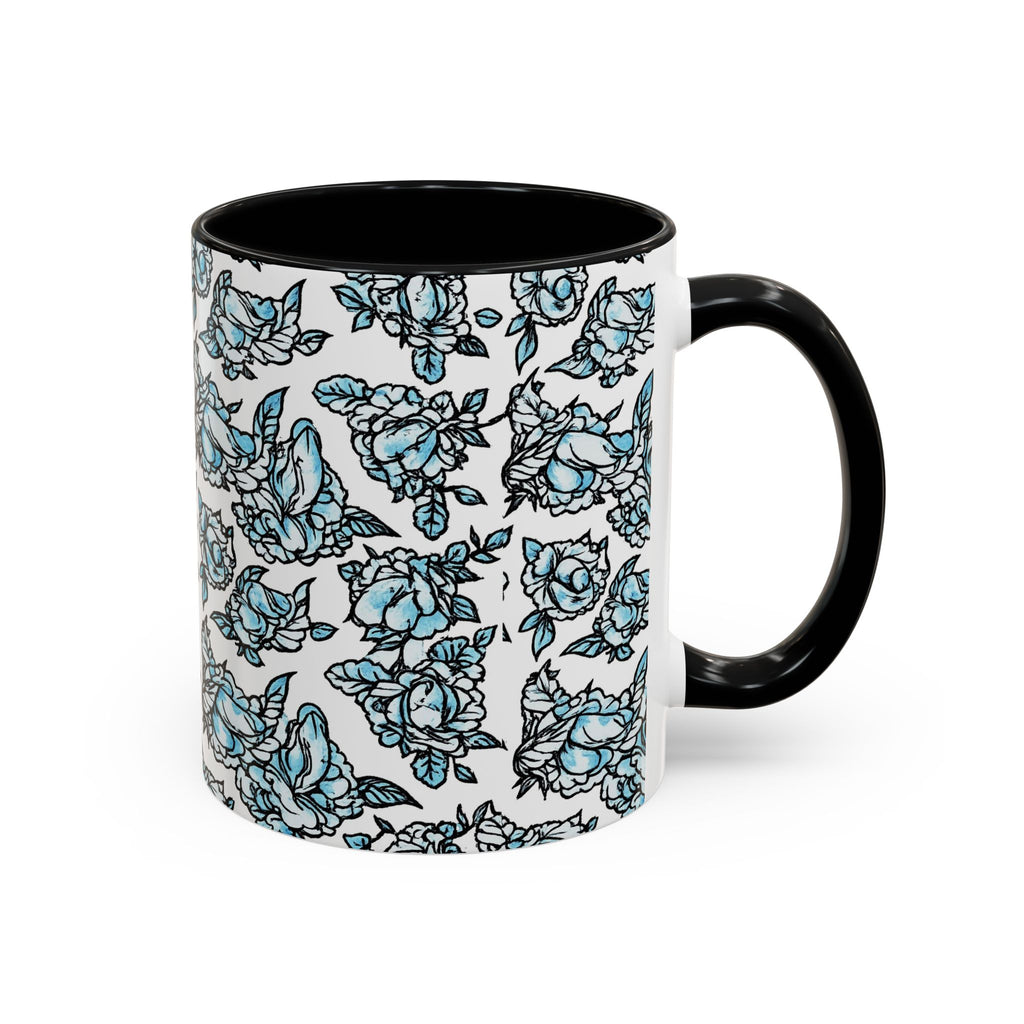Blue Pen 15 Floral Accent Coffee Mug (11/15oz) — Patterned Rose Tea Cup with Black Handle