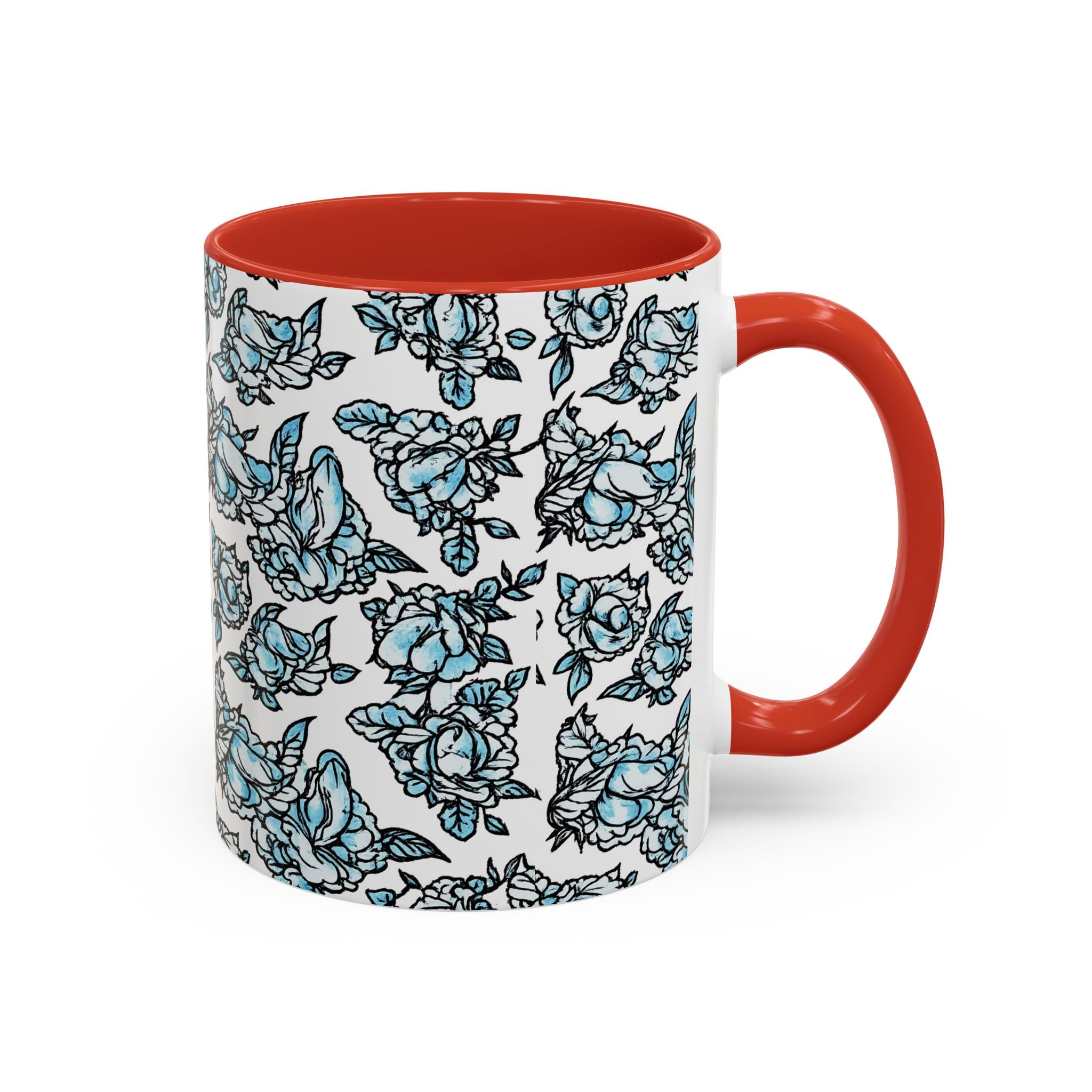 Blue Pen 15 Floral Accent Coffee Mug (11/15oz) — Patterned Rose Tea Cup with Black Handle