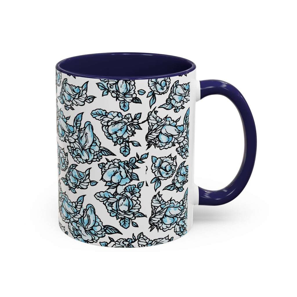Blue Pen 15 Floral Accent Coffee Mug (11/15oz) — Patterned Rose Tea Cup with Black Handle