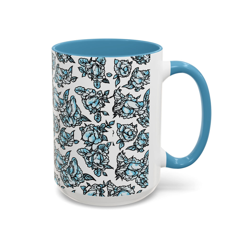Blue Pen 15 Floral Accent Coffee Mug (11/15oz) — Patterned Rose Tea Cup with Black Handle