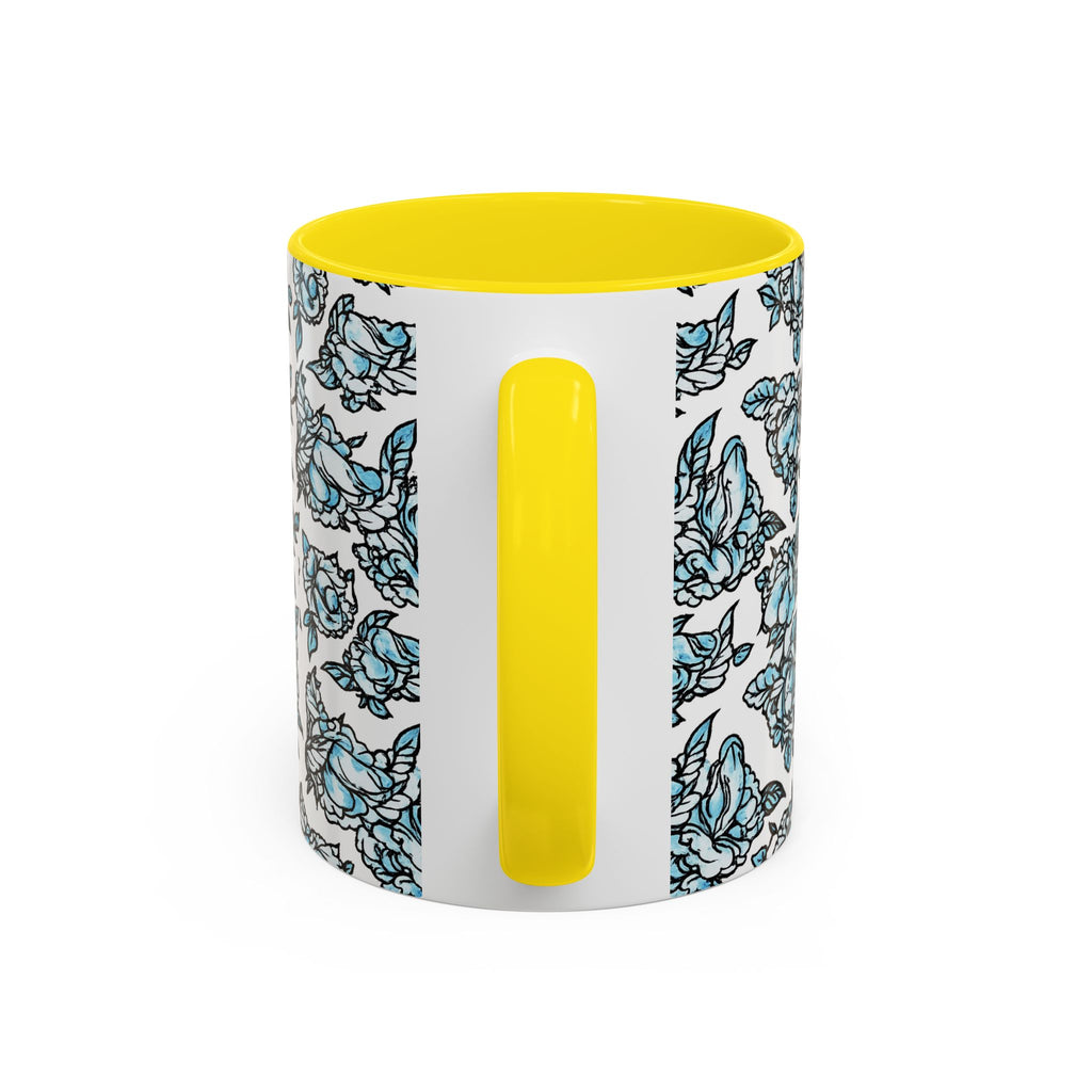 Blue Pen 15 Floral Accent Coffee Mug (11/15oz) — Patterned Rose Tea Cup with Black Handle