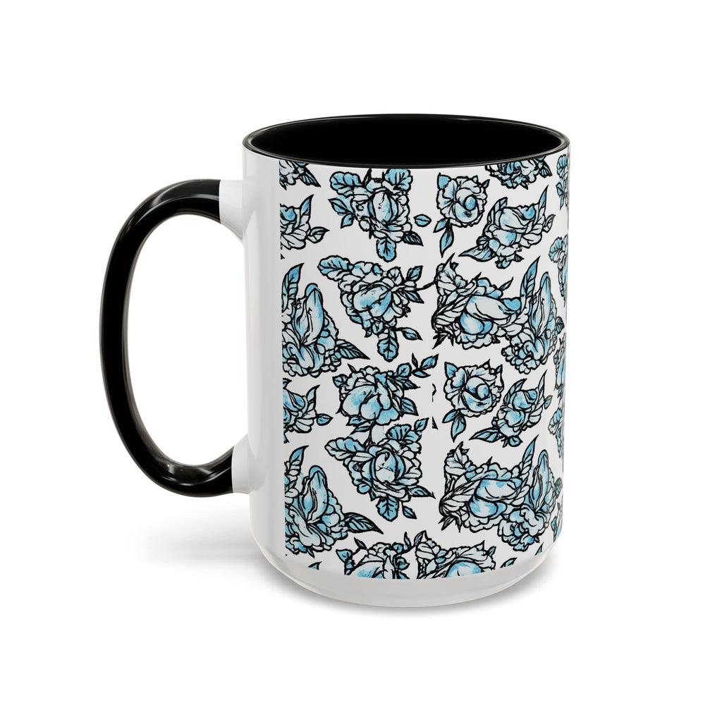 Blue Pen 15 Floral Accent Coffee Mug (11/15oz) — Patterned Rose Tea Cup with Black Handle