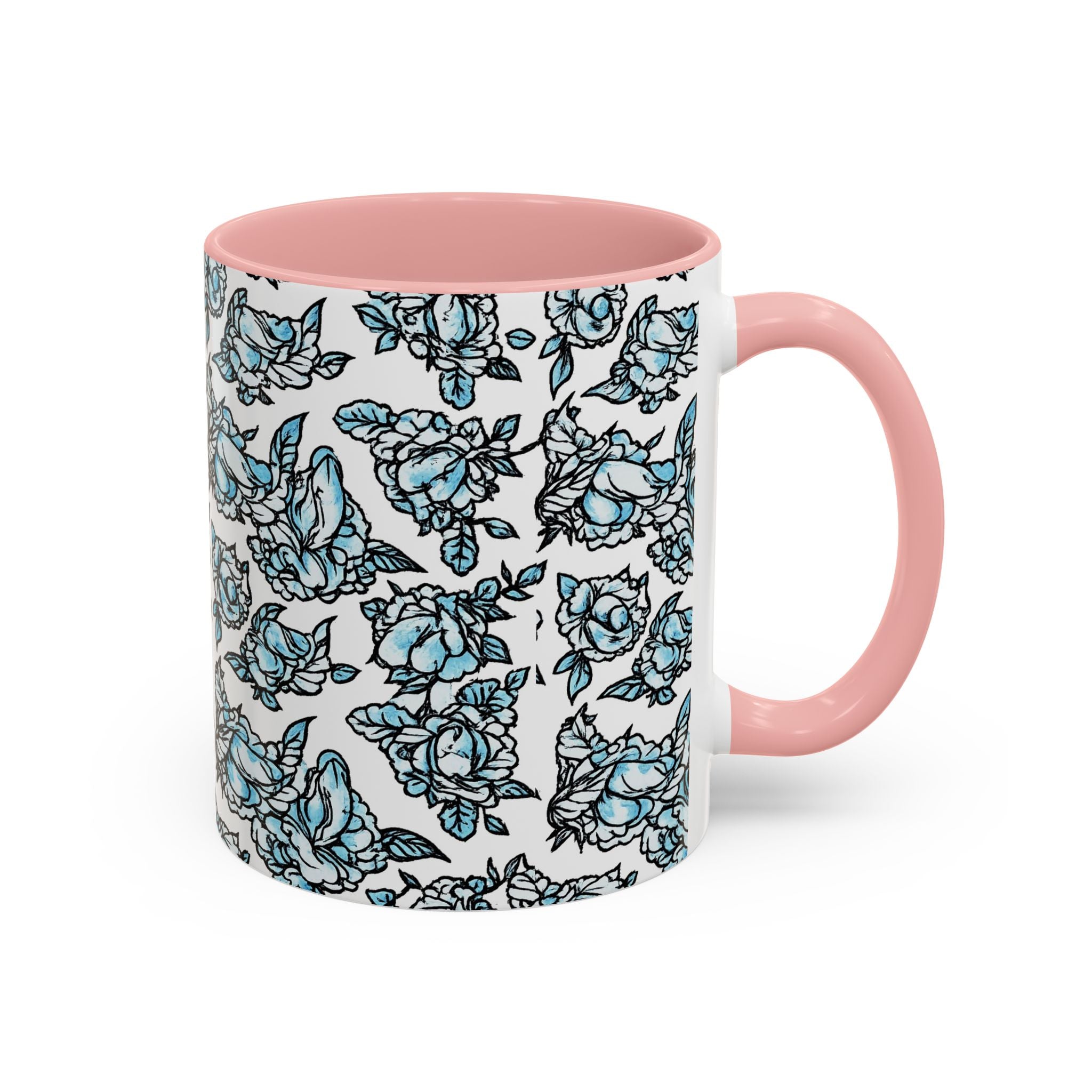 Blue Pen 15 Floral Accent Coffee Mug (11/15oz) — Patterned Rose Tea Cup with Black Handle