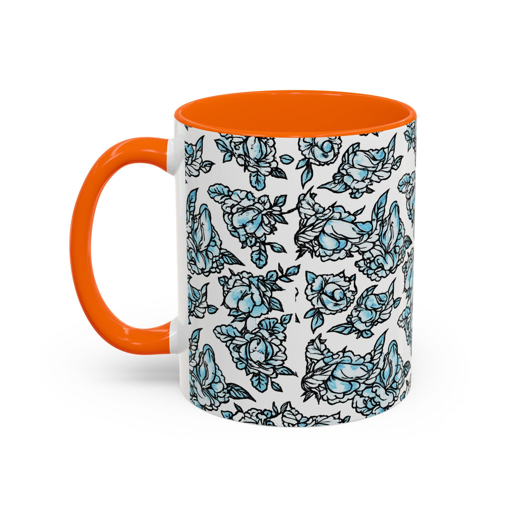 Blue Pen 15 Floral Accent Coffee Mug (11/15oz) — Patterned Rose Tea Cup with Black Handle