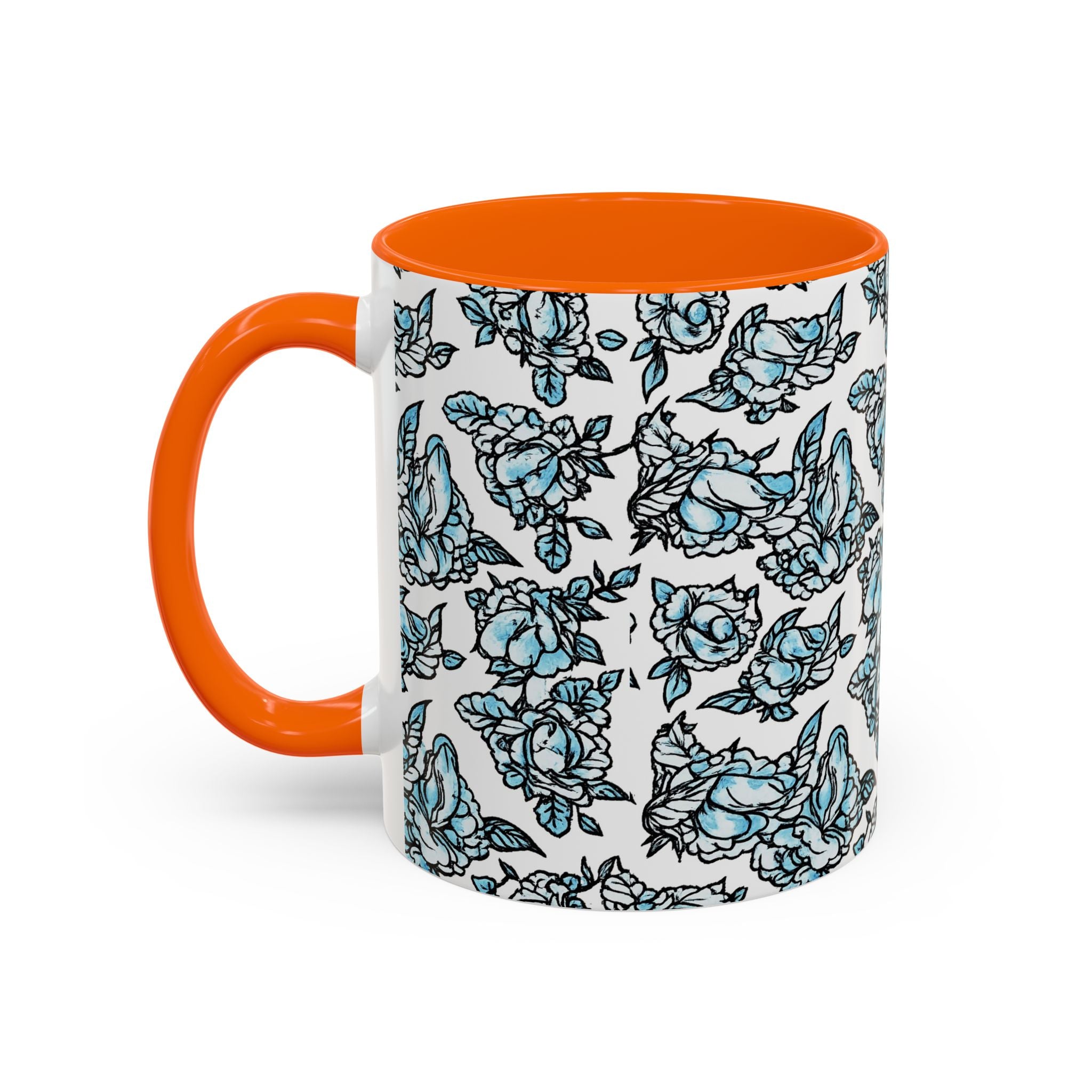 Blue Pen 15 Floral Accent Coffee Mug (11/15oz) — Patterned Rose Tea Cup with Black Handle