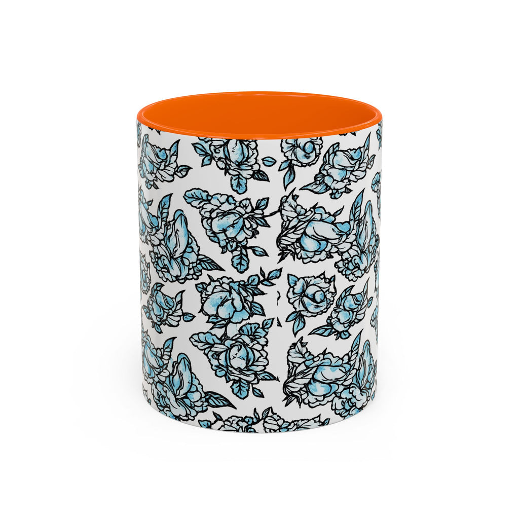 Blue Pen 15 Floral Accent Coffee Mug (11/15oz) — Patterned Rose Tea Cup with Black Handle