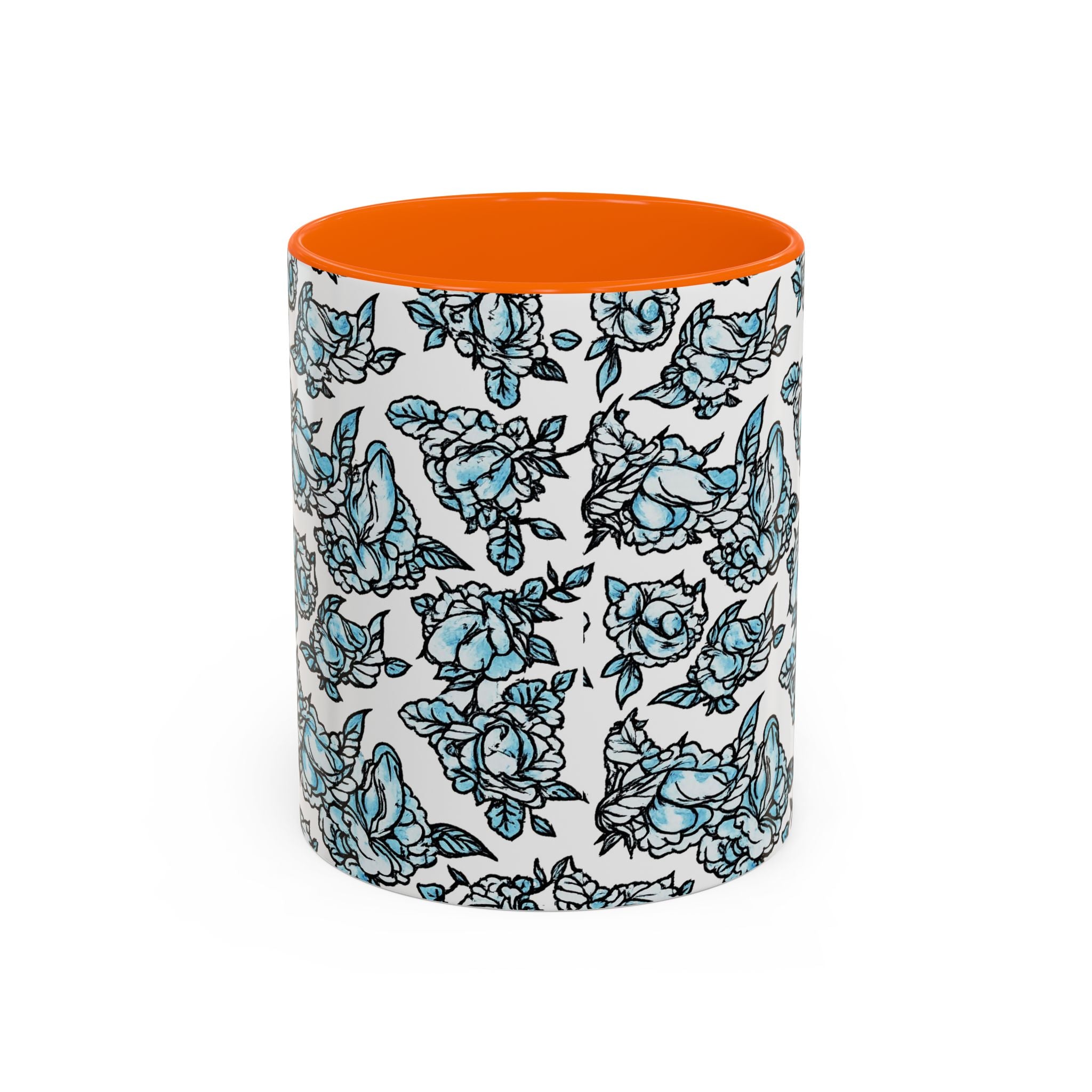 Blue Pen 15 Floral Accent Coffee Mug (11/15oz) — Patterned Rose Tea Cup with Black Handle
