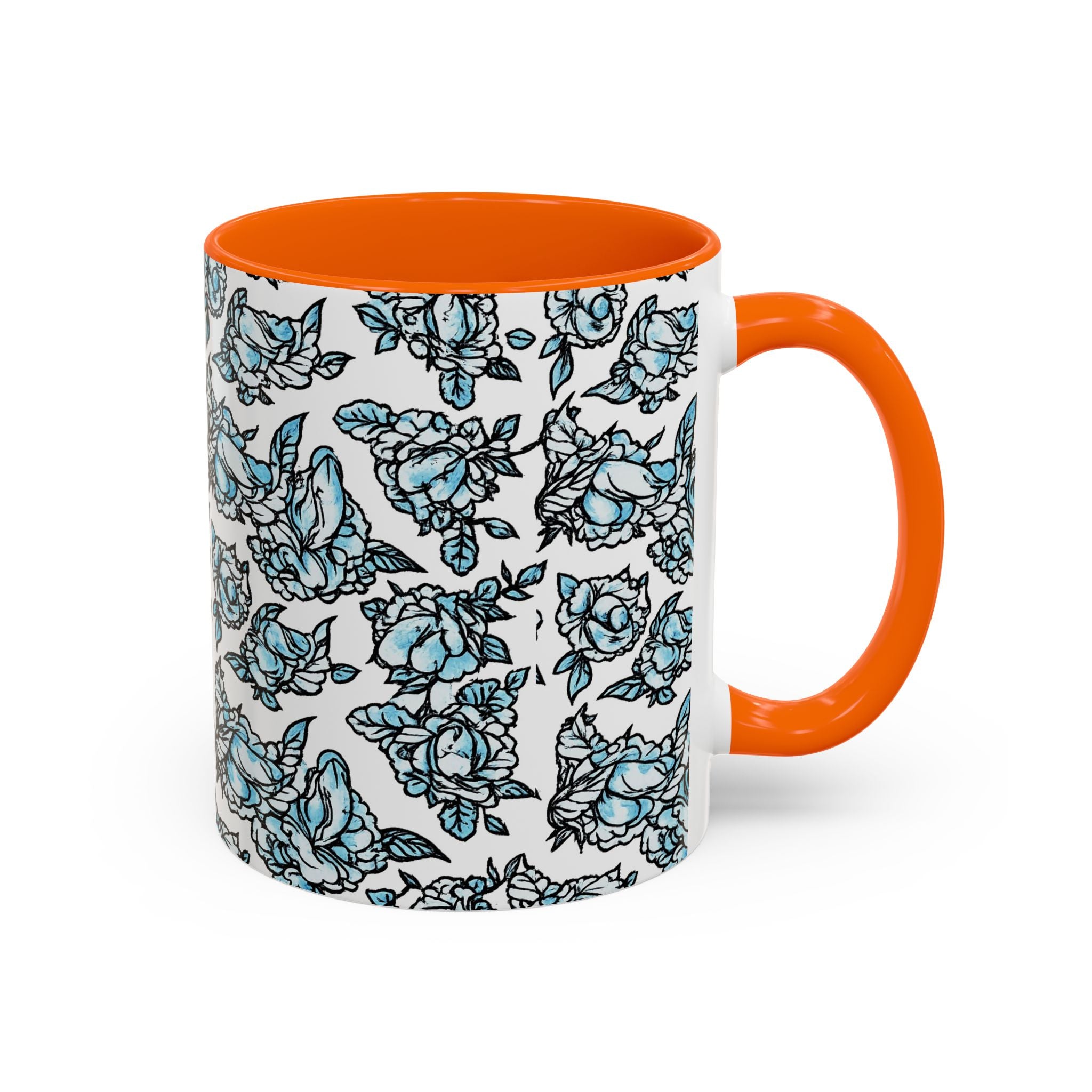 Blue Pen 15 Floral Accent Coffee Mug (11/15oz) — Patterned Rose Tea Cup with Black Handle
