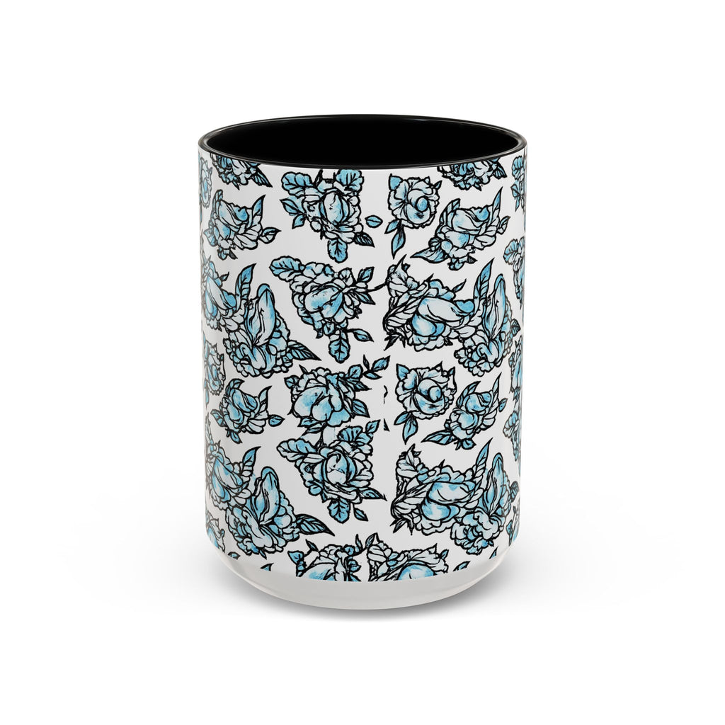 Blue Pen 15 Floral Accent Coffee Mug (11/15oz) — Patterned Rose Tea Cup with Black Handle