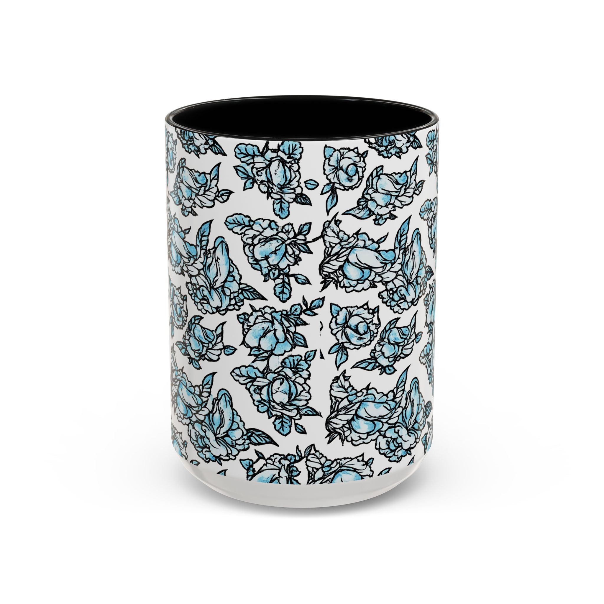 Blue Pen 15 Floral Accent Coffee Mug (11/15oz) — Patterned Rose Tea Cup with Black Handle