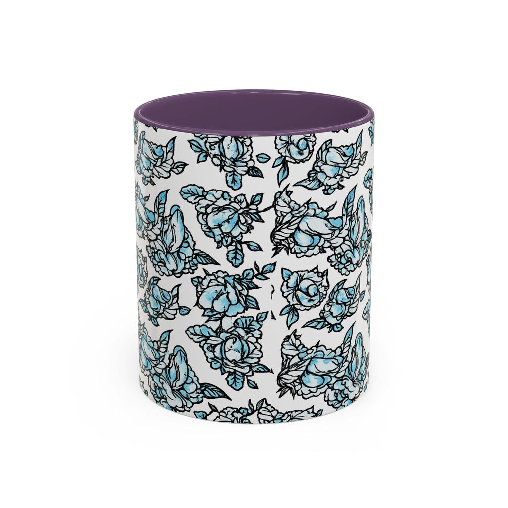 Blue Pen 15 Floral Accent Coffee Mug (11/15oz) — Patterned Rose Tea Cup with Black Handle