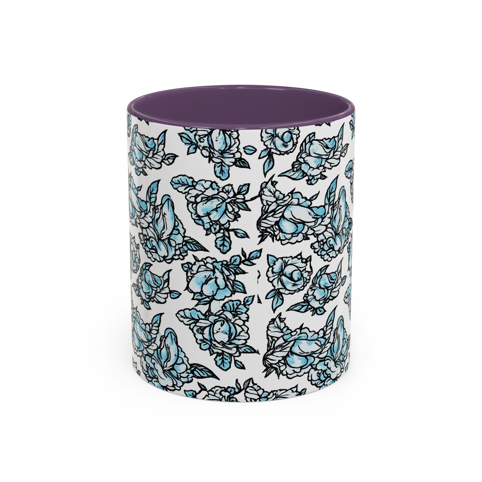 Blue Pen 15 Floral Accent Coffee Mug (11/15oz) — Patterned Rose Tea Cup with Black Handle