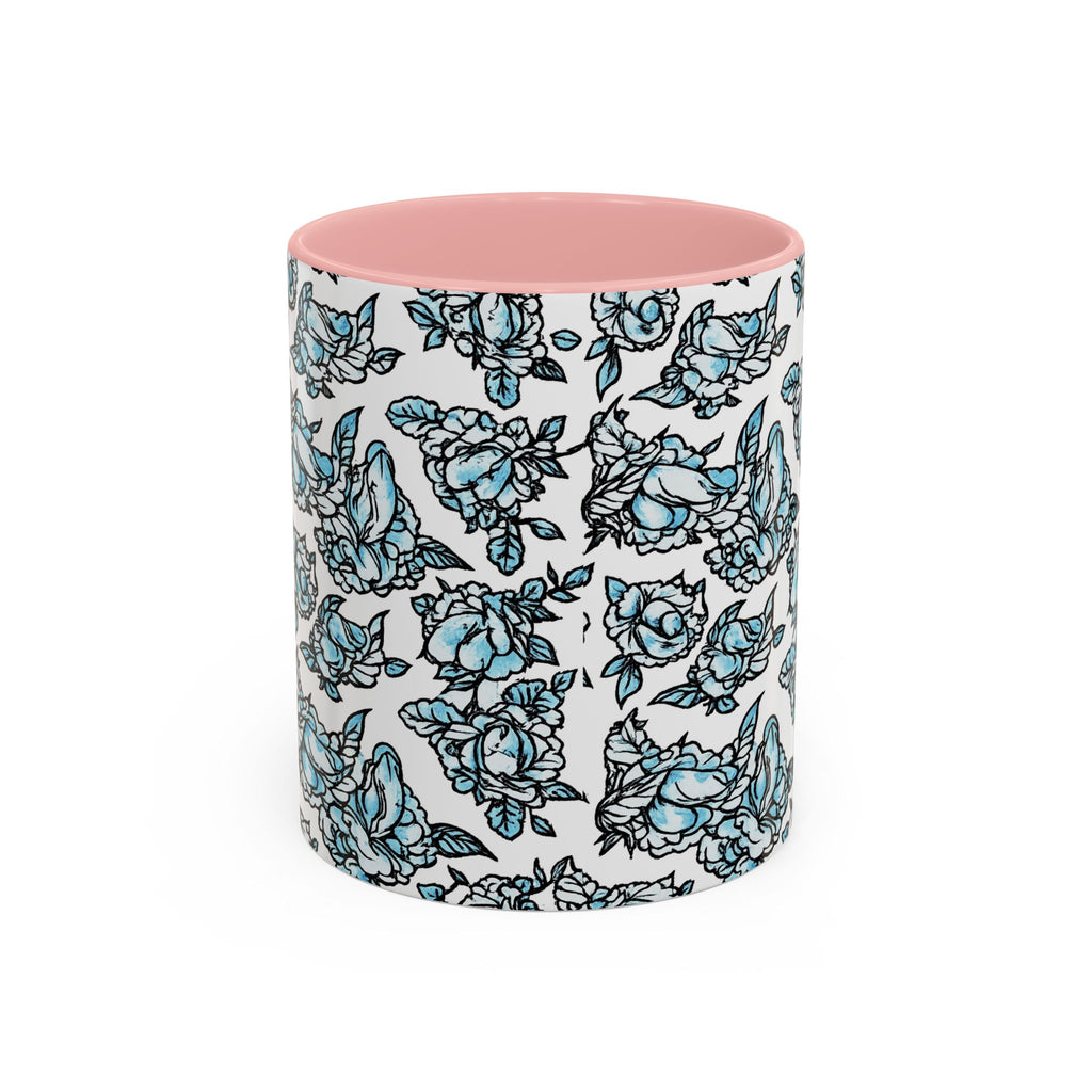 Blue Pen 15 Floral Accent Coffee Mug (11/15oz) — Patterned Rose Tea Cup with Black Handle