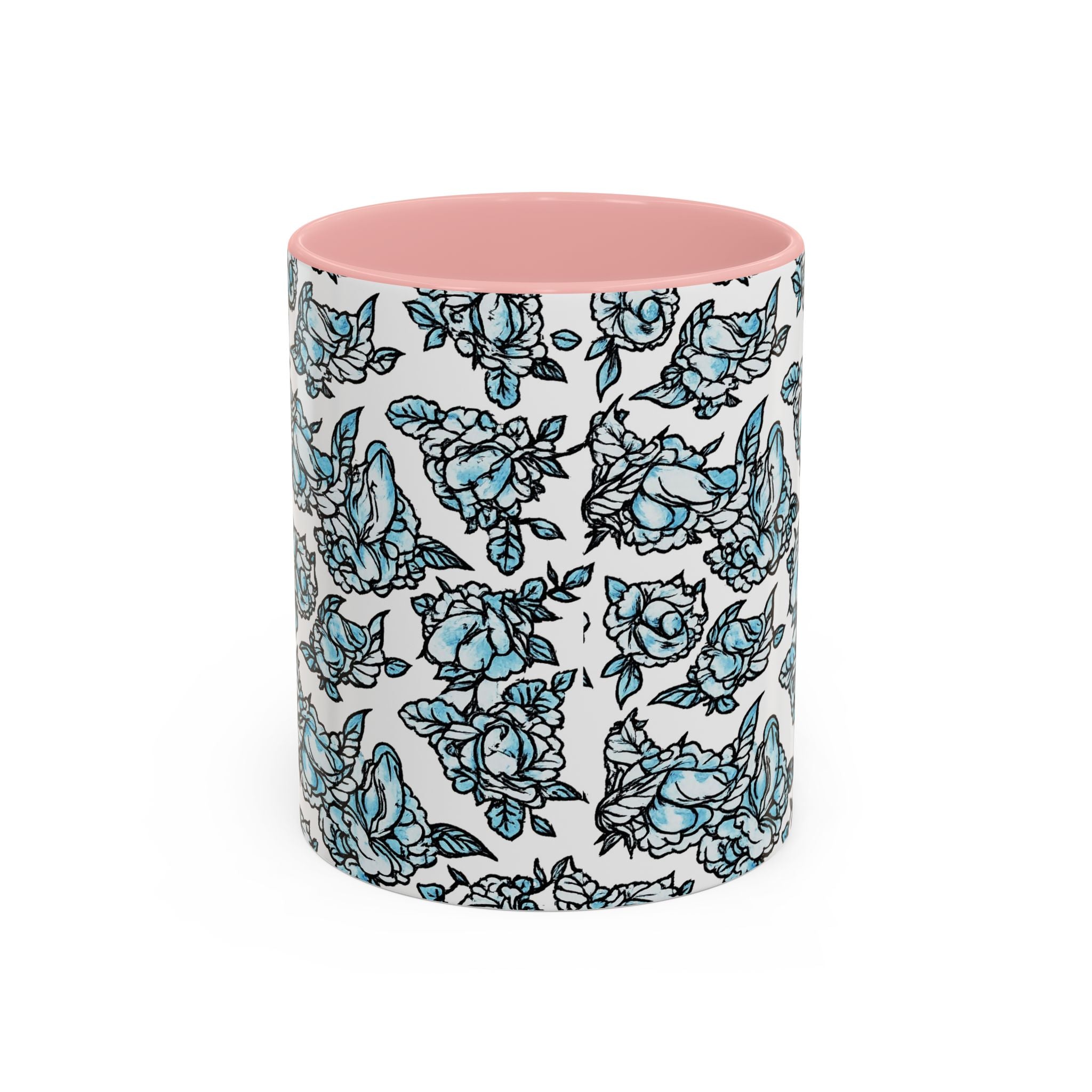 Blue Pen 15 Floral Accent Coffee Mug (11/15oz) — Patterned Rose Tea Cup with Black Handle
