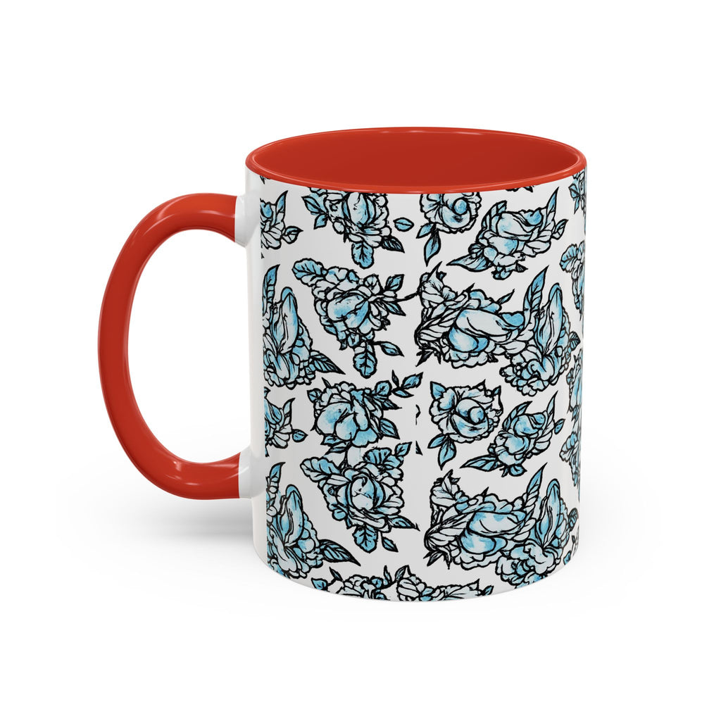 Blue Pen 15 Floral Accent Coffee Mug (11/15oz) — Patterned Rose Tea Cup with Black Handle