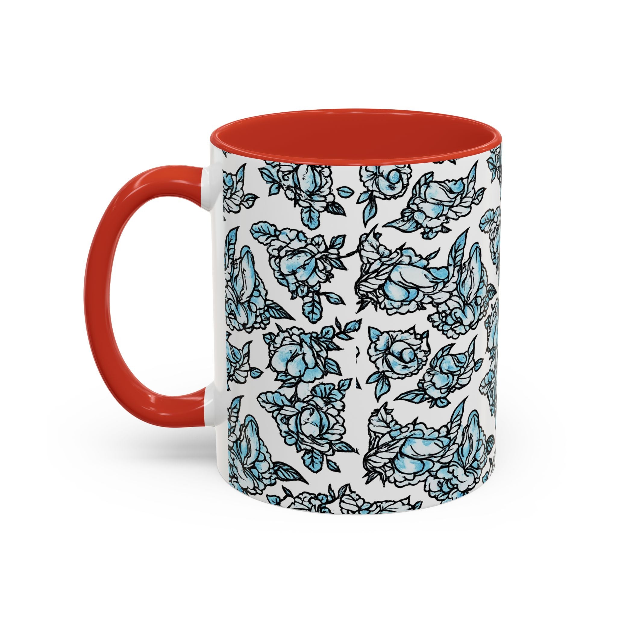 Blue Pen 15 Floral Accent Coffee Mug (11/15oz) — Patterned Rose Tea Cup with Black Handle