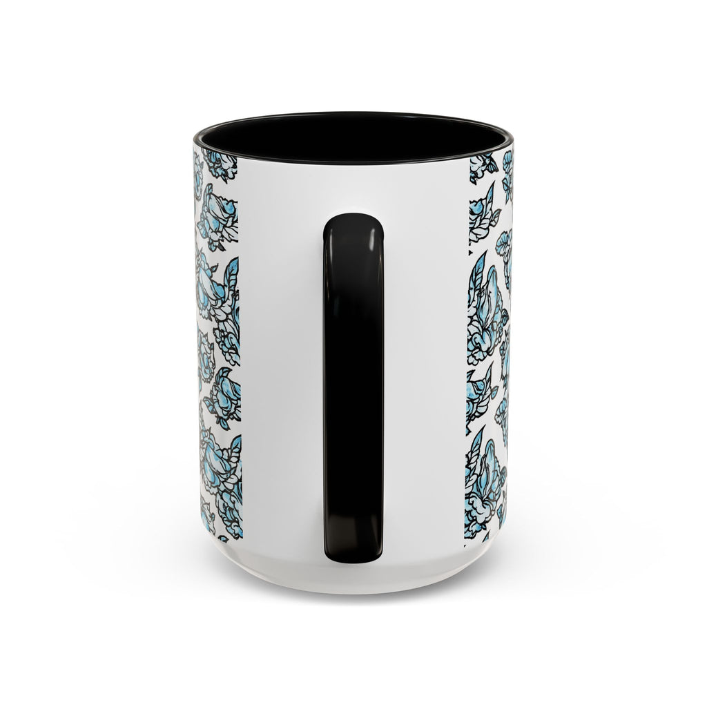 Blue Pen 15 Floral Accent Coffee Mug (11/15oz) — Patterned Rose Tea Cup with Black Handle