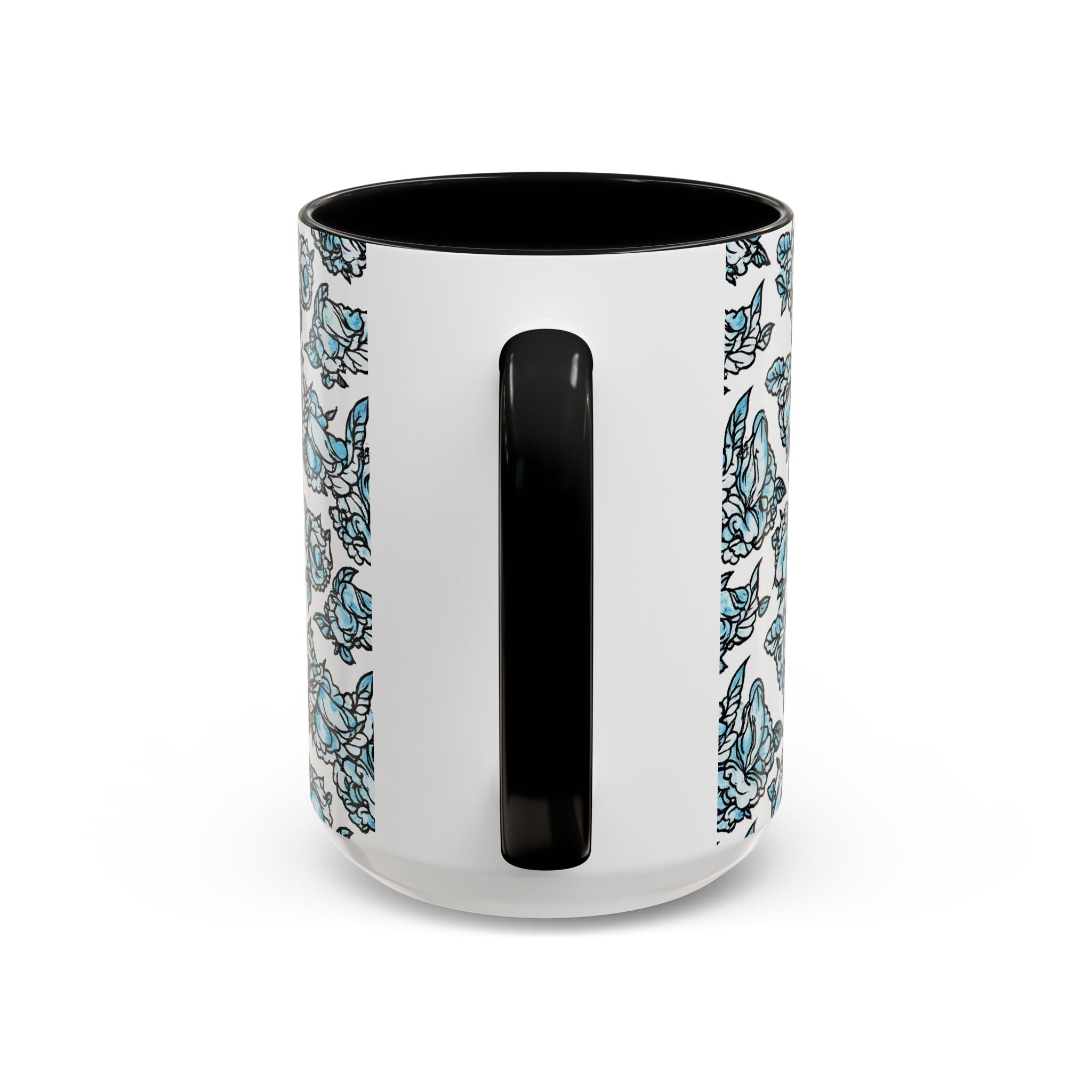 Blue Pen 15 Floral Accent Coffee Mug (11/15oz) — Patterned Rose Tea Cup with Black Handle