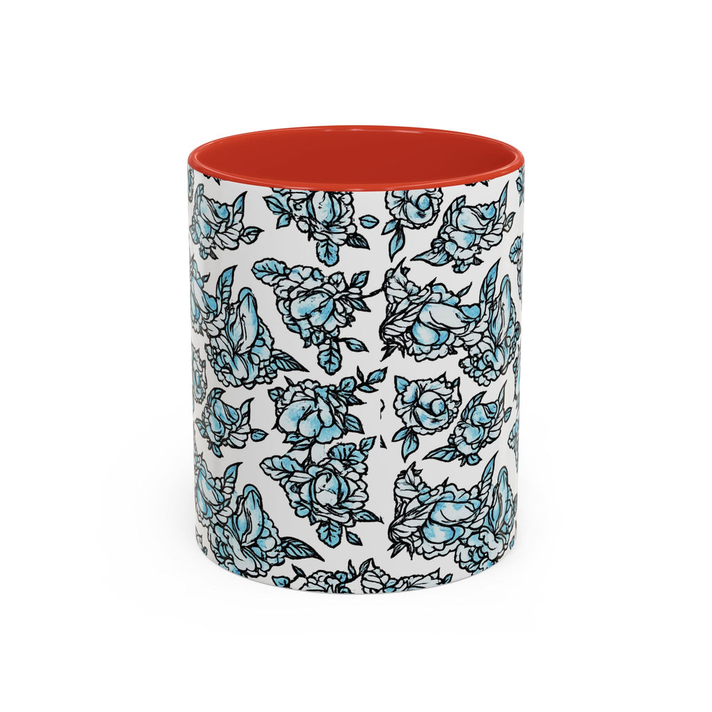 Blue Pen 15 Floral Accent Coffee Mug (11/15oz) — Patterned Rose Tea Cup with Black Handle