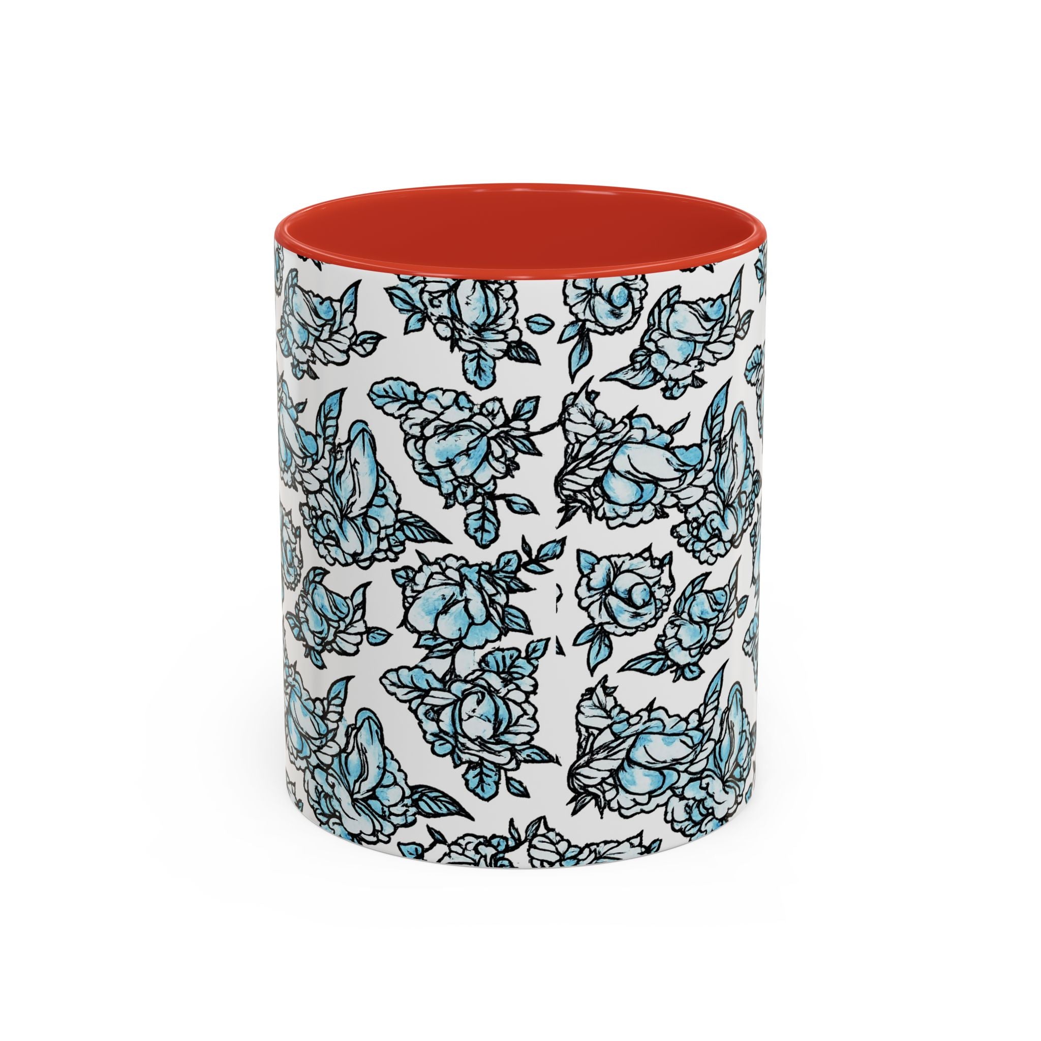 Blue Pen 15 Floral Accent Coffee Mug (11/15oz) — Patterned Rose Tea Cup with Black Handle