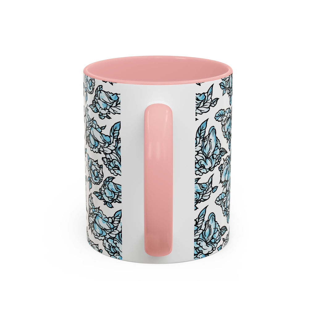 Blue Pen 15 Floral Accent Coffee Mug (11/15oz) — Patterned Rose Tea Cup with Black Handle