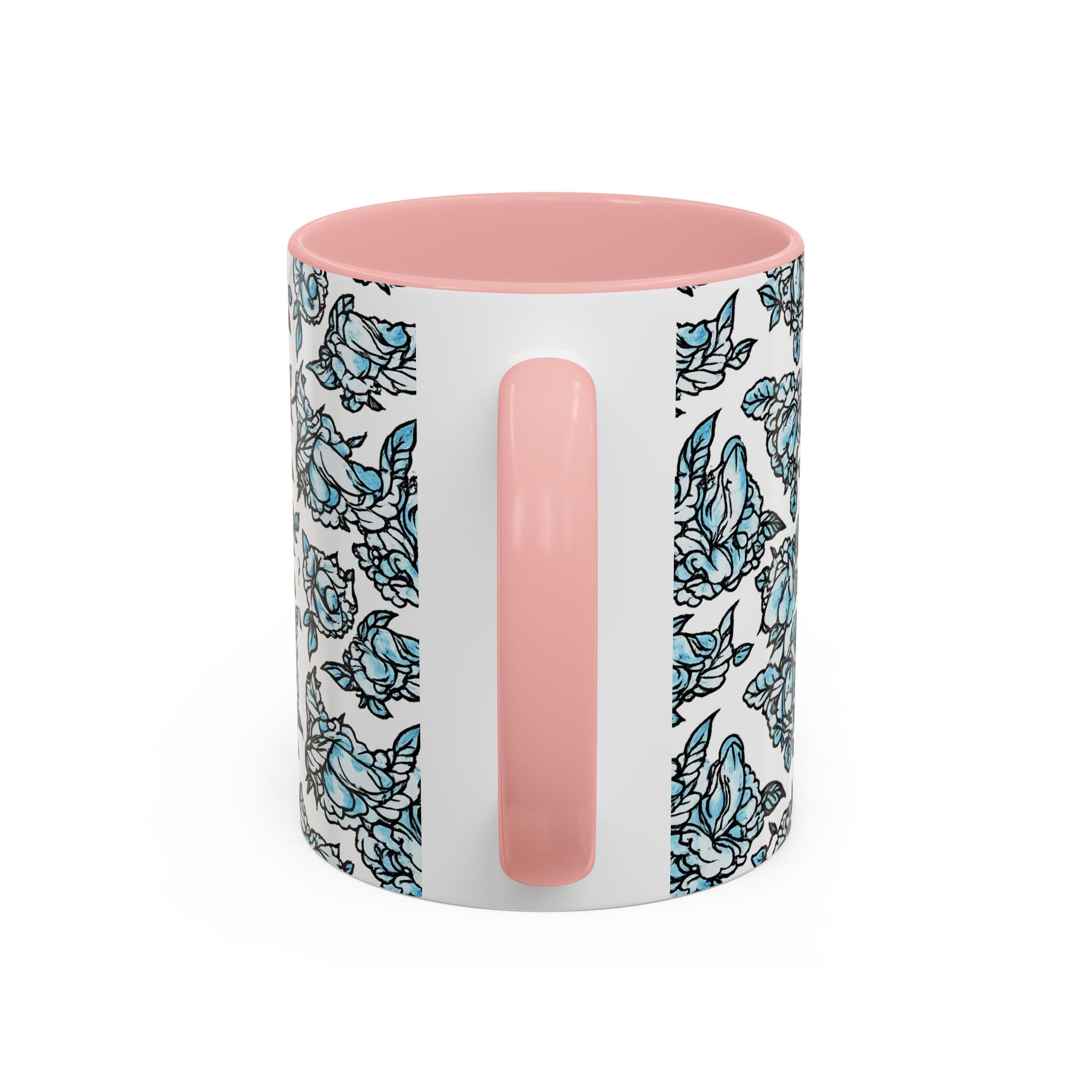 Blue Pen 15 Floral Accent Coffee Mug (11/15oz) — Patterned Rose Tea Cup with Black Handle