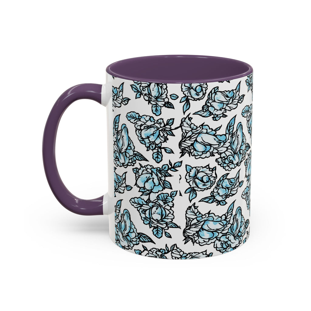 Blue Pen 15 Floral Accent Coffee Mug (11/15oz) — Patterned Rose Tea Cup with Black Handle