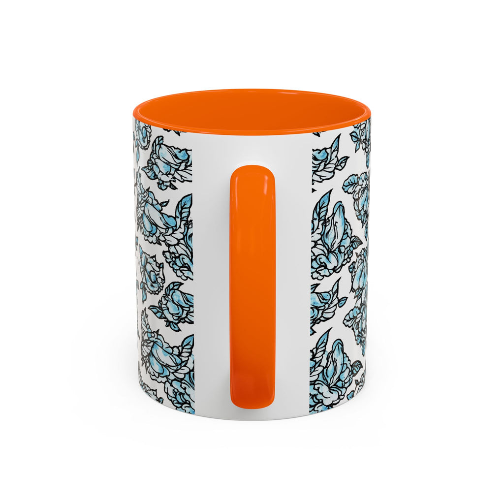 Blue Pen 15 Floral Accent Coffee Mug (11/15oz) — Patterned Rose Tea Cup with Black Handle