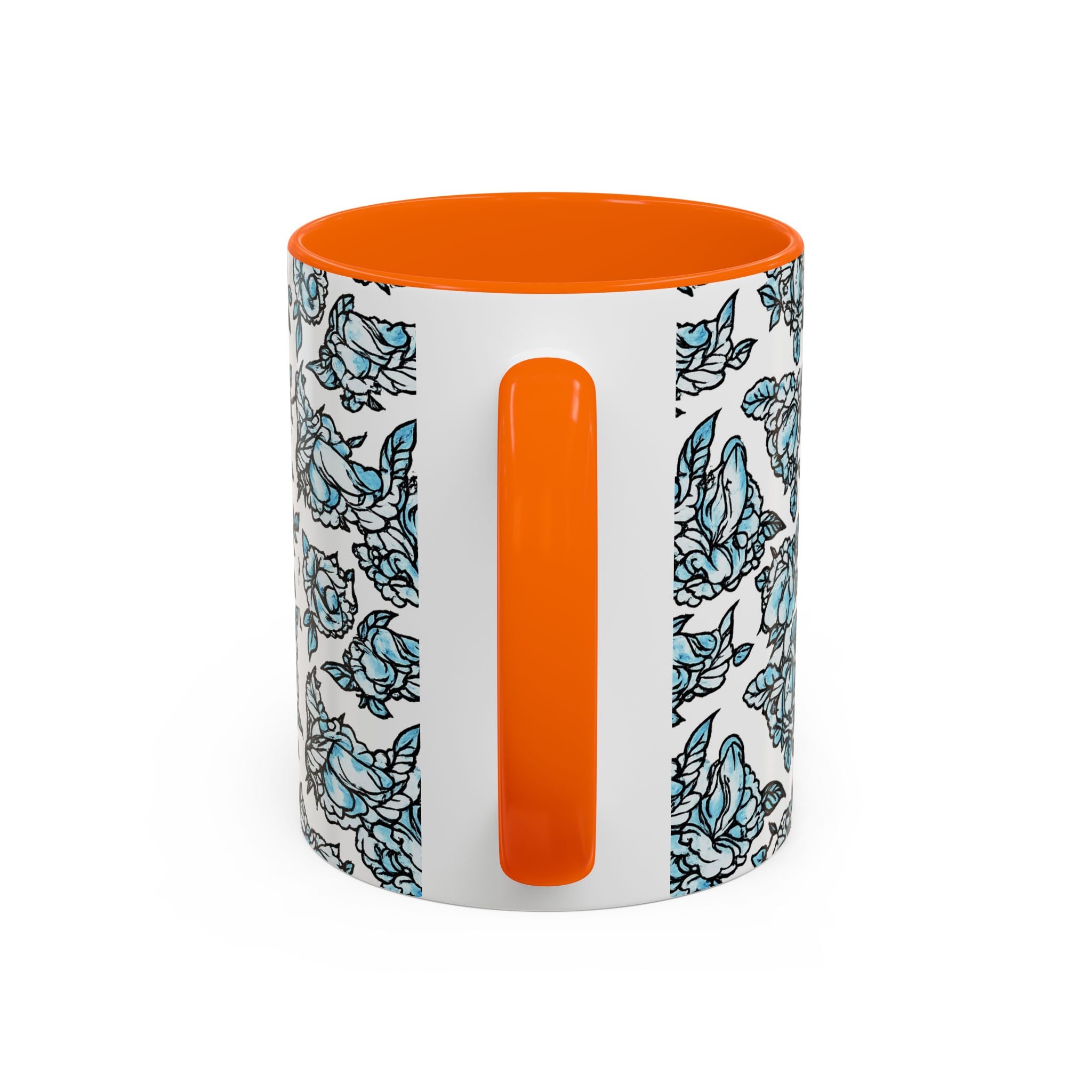 Blue Pen 15 Floral Accent Coffee Mug (11/15oz) — Patterned Rose Tea Cup with Black Handle