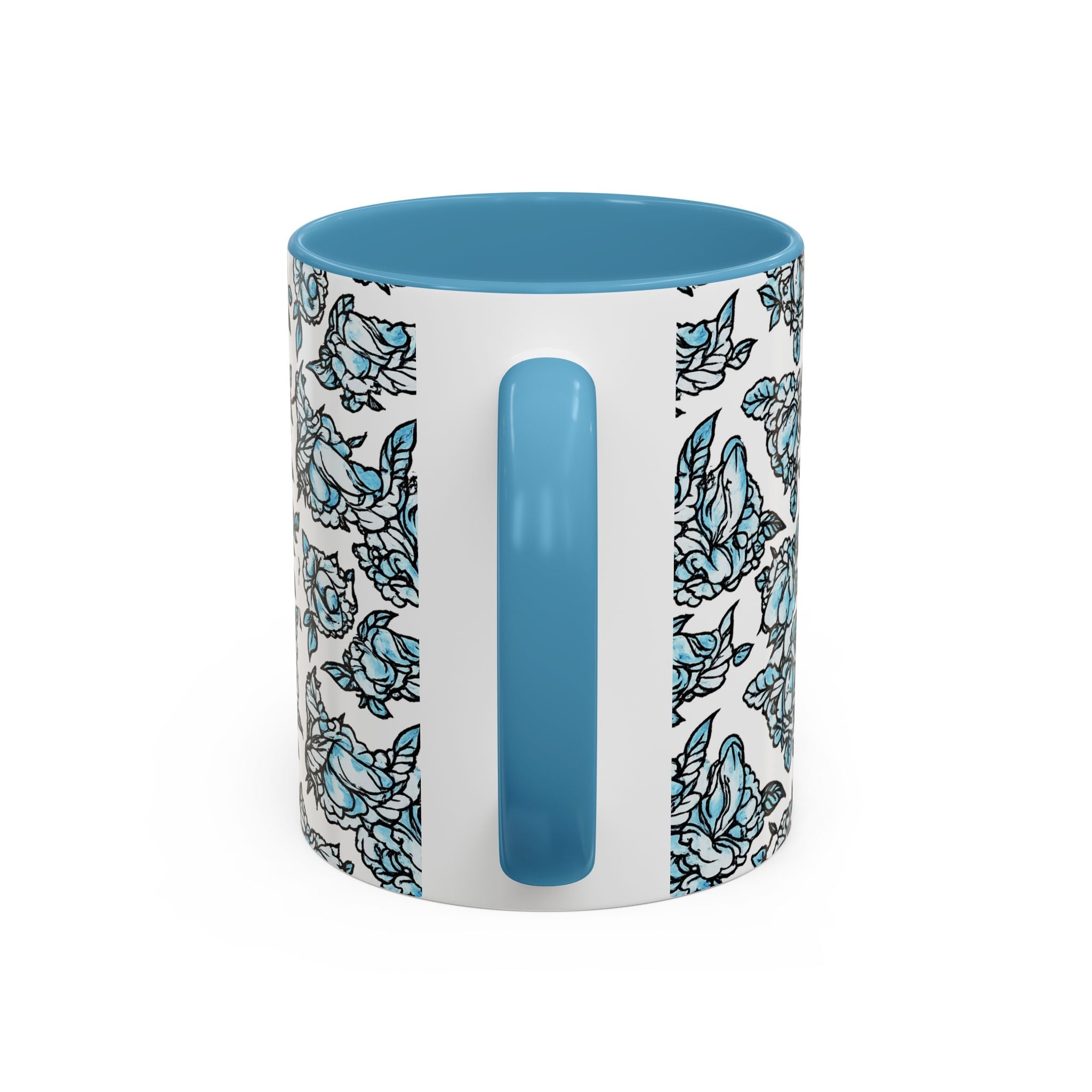 Blue Pen 15 Floral Accent Coffee Mug (11/15oz) — Patterned Rose Tea Cup with Black Handle