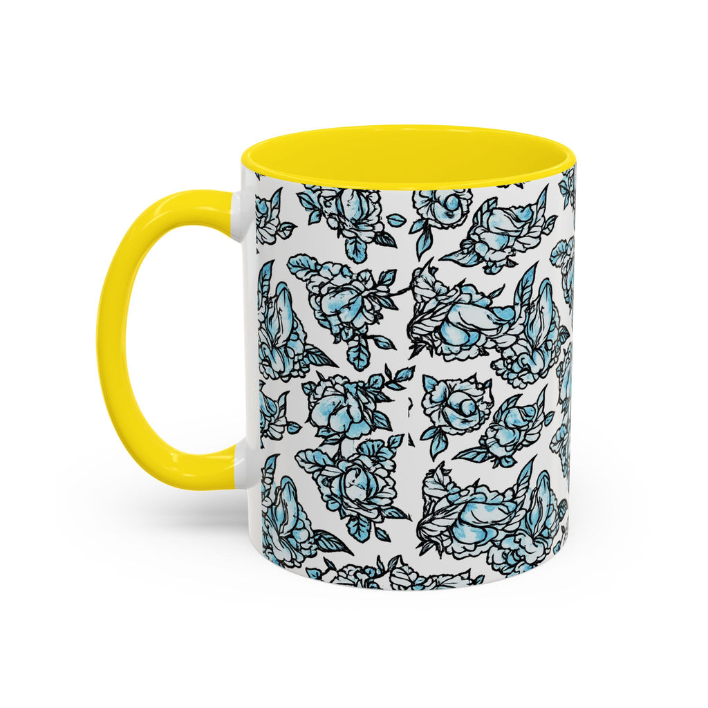 Blue Pen 15 Floral Accent Coffee Mug (11/15oz) — Patterned Rose Tea Cup with Black Handle