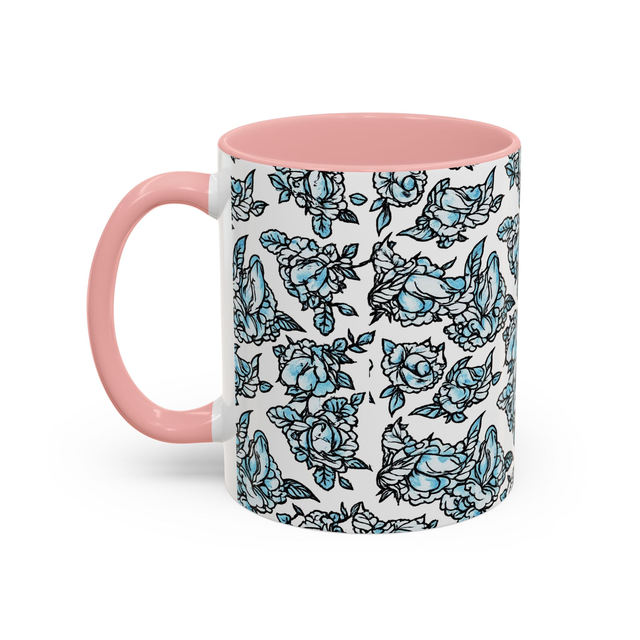 Blue Pen 15 Floral Accent Coffee Mug (11/15oz) — Patterned Rose Tea Cup with Black Handle