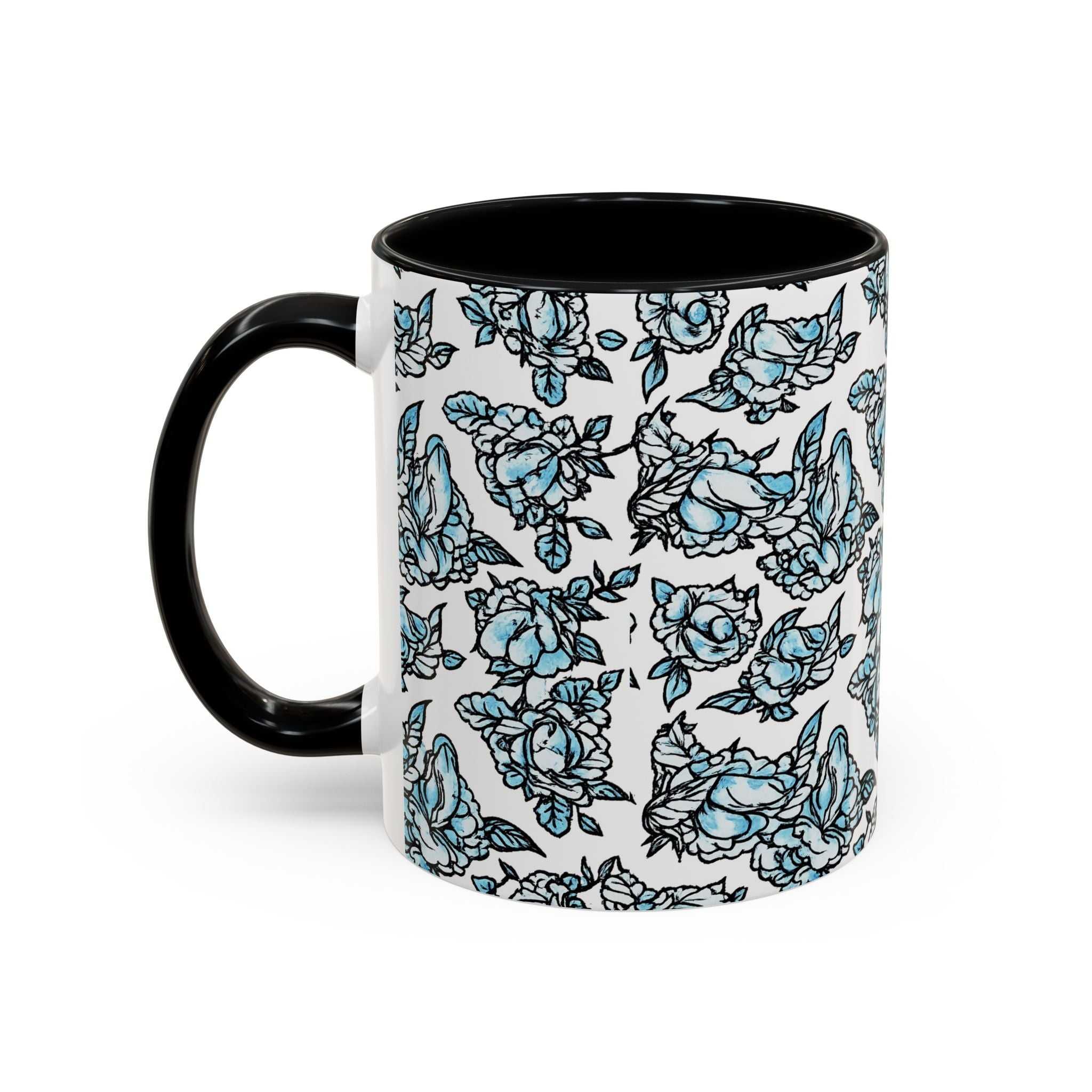 Blue Pen 15 Floral Accent Coffee Mug (11/15oz) — Patterned Rose Tea Cup with Black Handle
