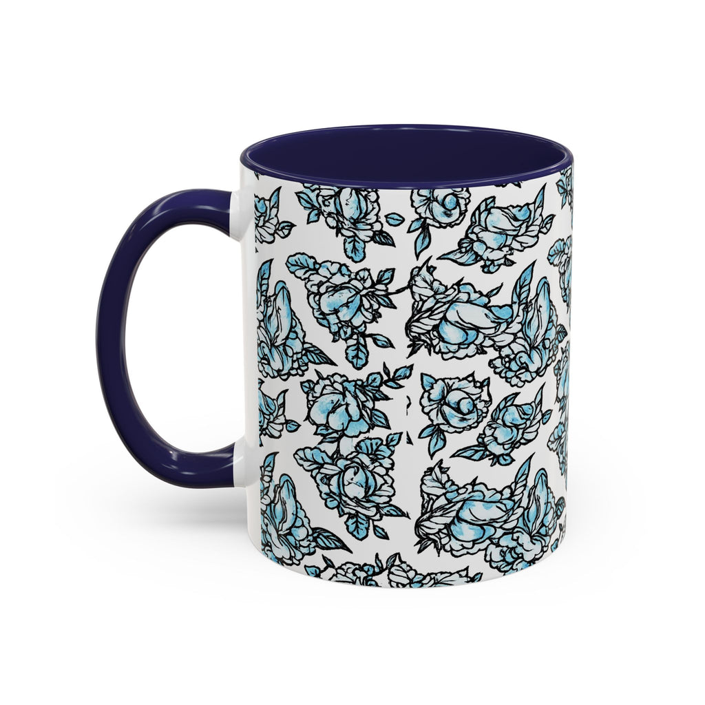 Blue Pen 15 Floral Accent Coffee Mug (11/15oz) — Patterned Rose Tea Cup with Black Handle