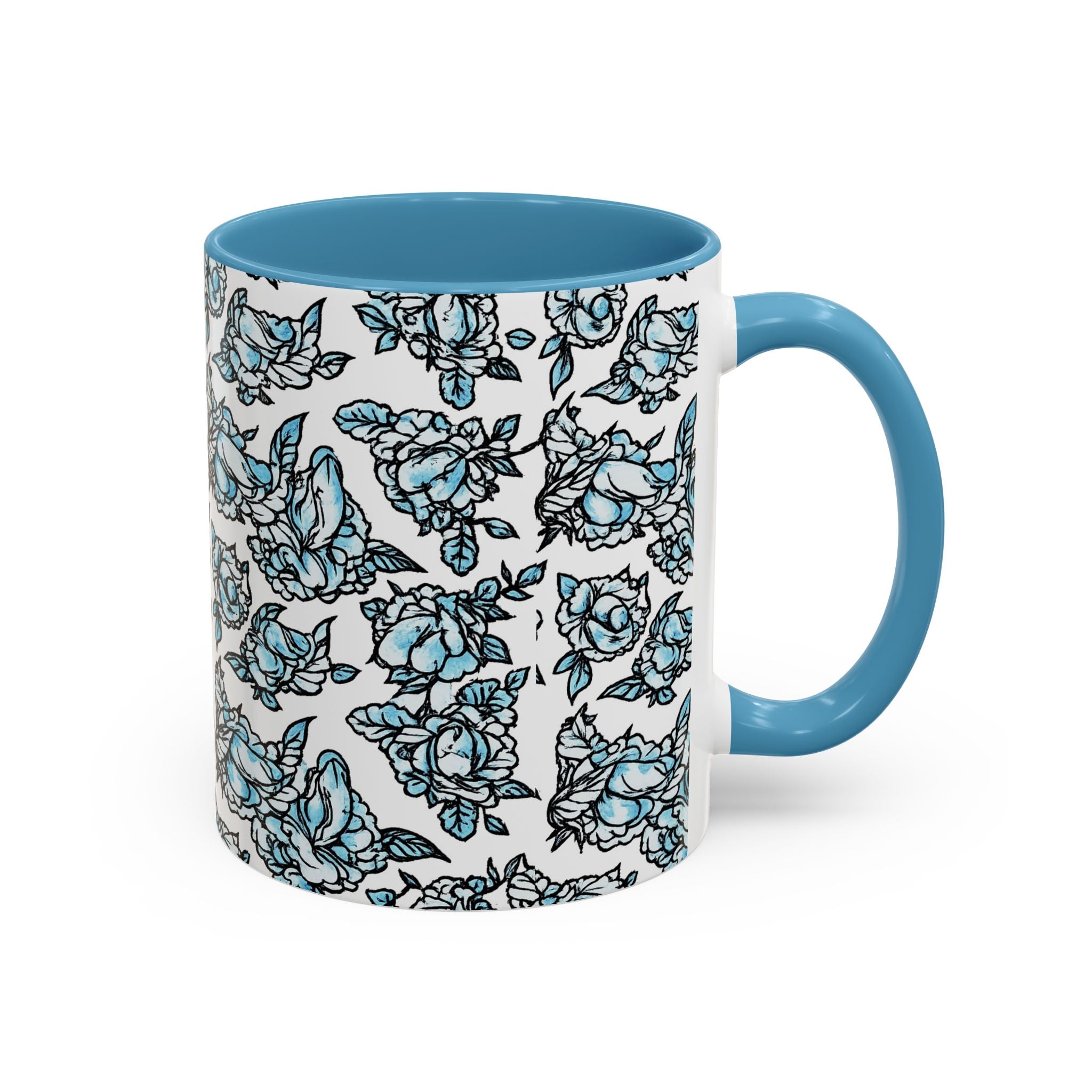 Blue Pen 15 Floral Accent Coffee Mug (11/15oz) — Patterned Rose Tea Cup with Black Handle